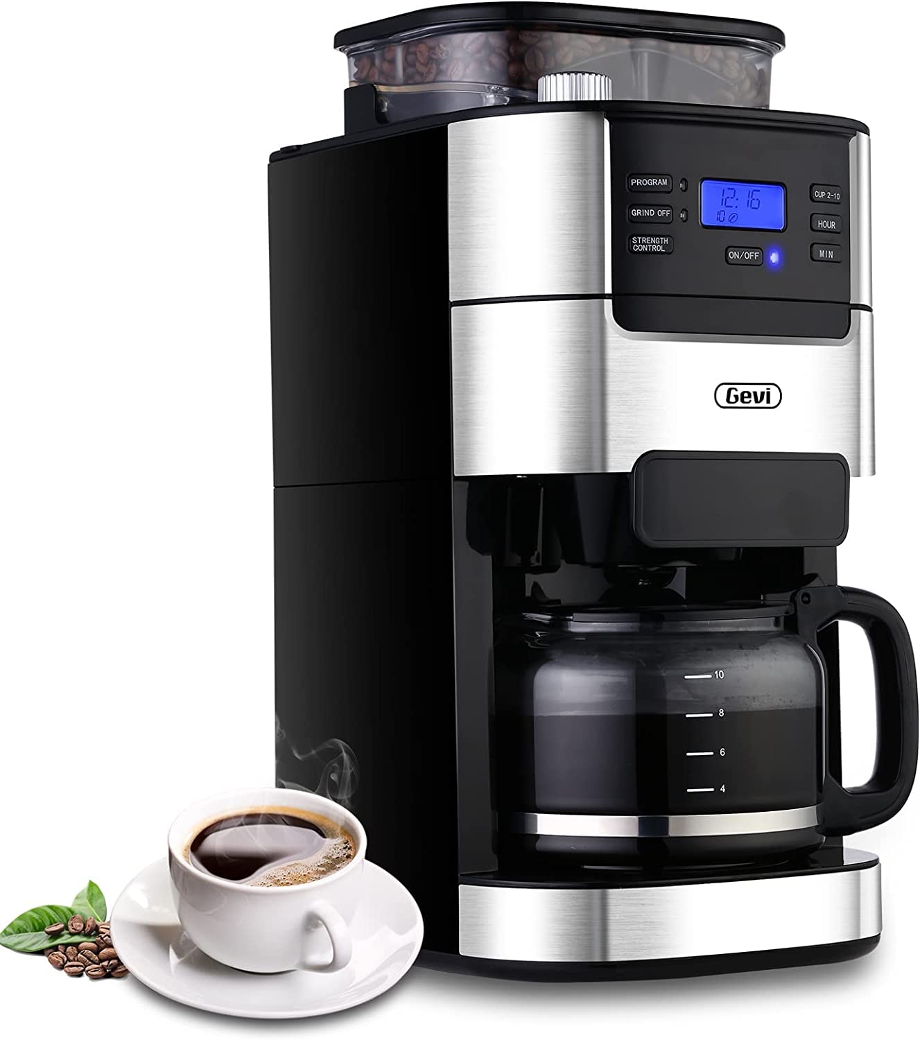 10-Cup Drip Coffee Maker with Built-In Burr Grinder - Programmable Timer, Keep Warm Plate, 1.5L Large Water Tank & Removable Filter - 900W Automatic Coffee Machine for Home, Office & Restaurant Use