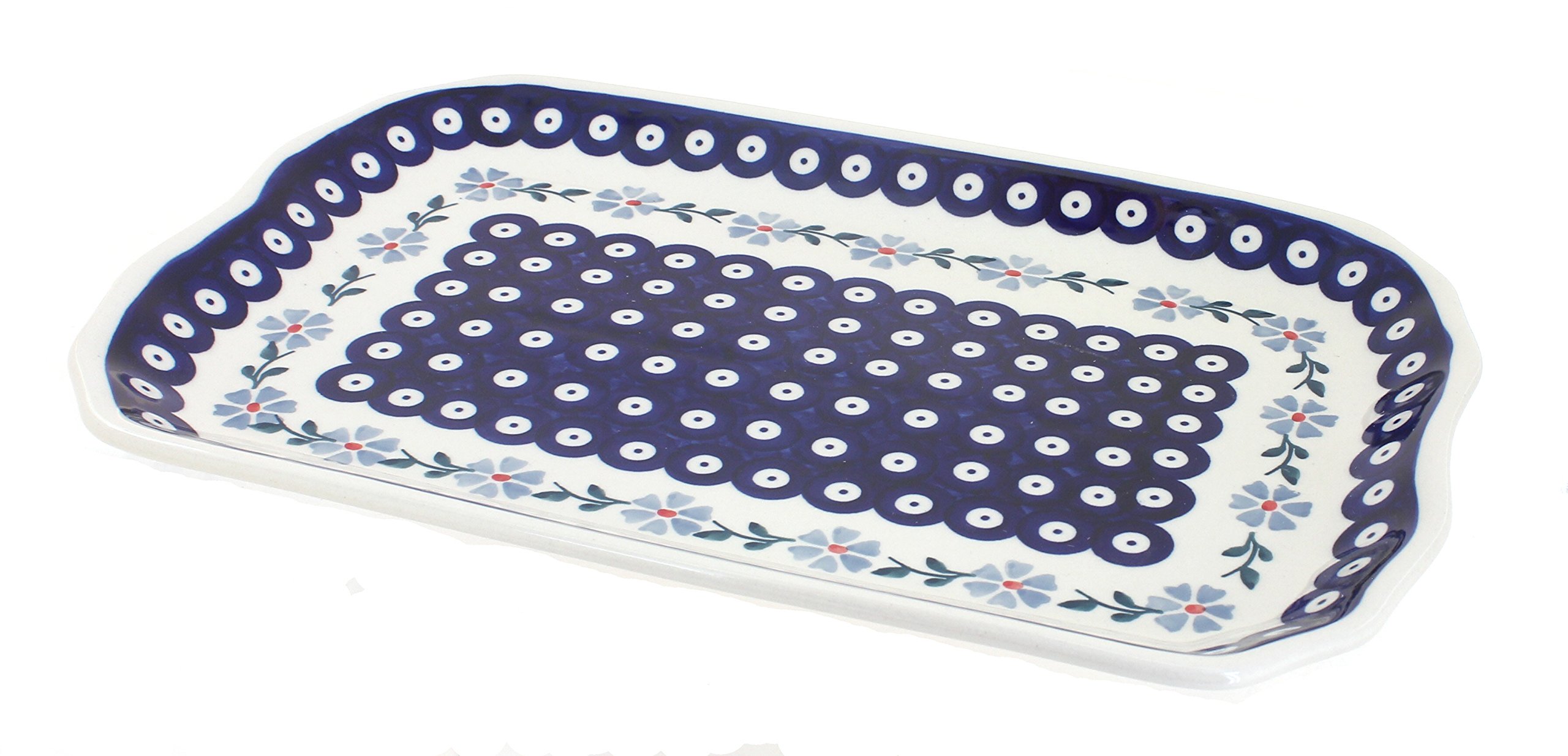 Blue Rose Polish Pottery Serving Tray - Handmade Ceramic Blue Violet Medium Tray for Dining, Kitchen & Home Decor - Perfect for Tea Parties, Breakfast Serving & Display