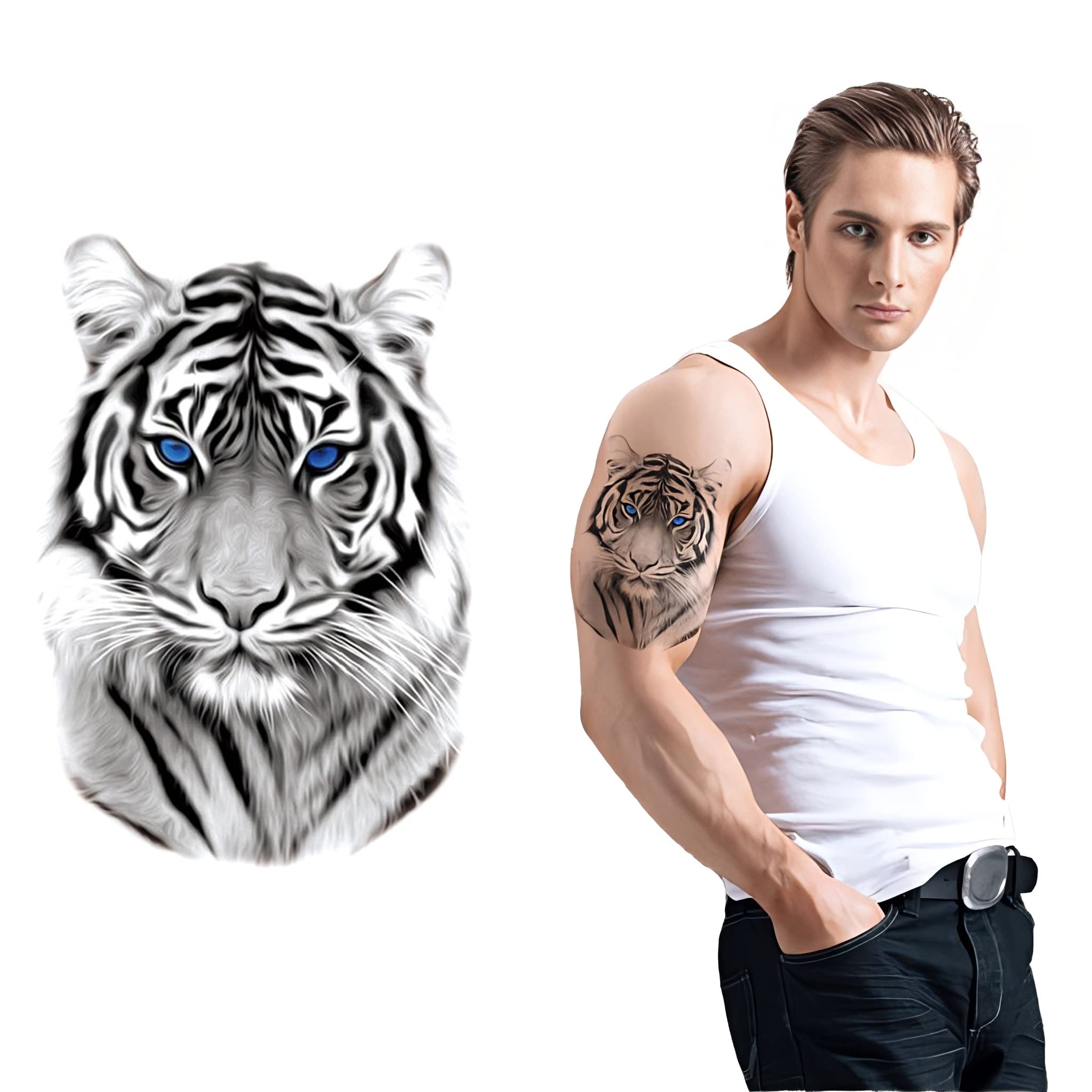 Waterproof Temporary Tattoos - Stunning Tiger with Blue Eyes Design - Long Lasting Body Art for Men & Women - Perfect for Parties, Festivals and Special Occasions