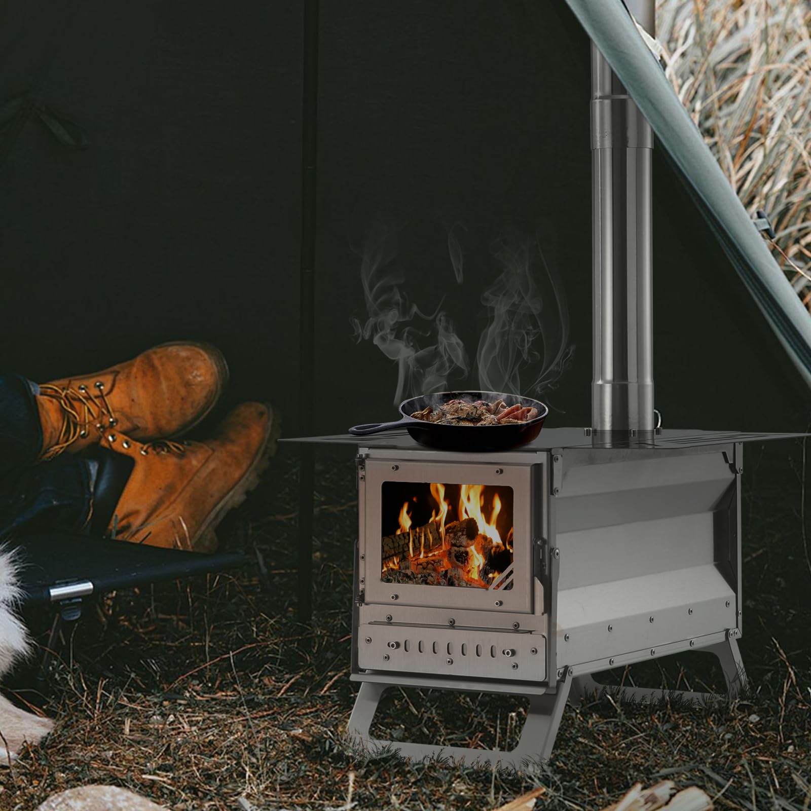 Portable Outdoor Wood Burning Stove with Chimney Pipe - Camping Stove for Cooking, Backpacking & Tent Use - Includes Viewing Glass for Flame Monitoring