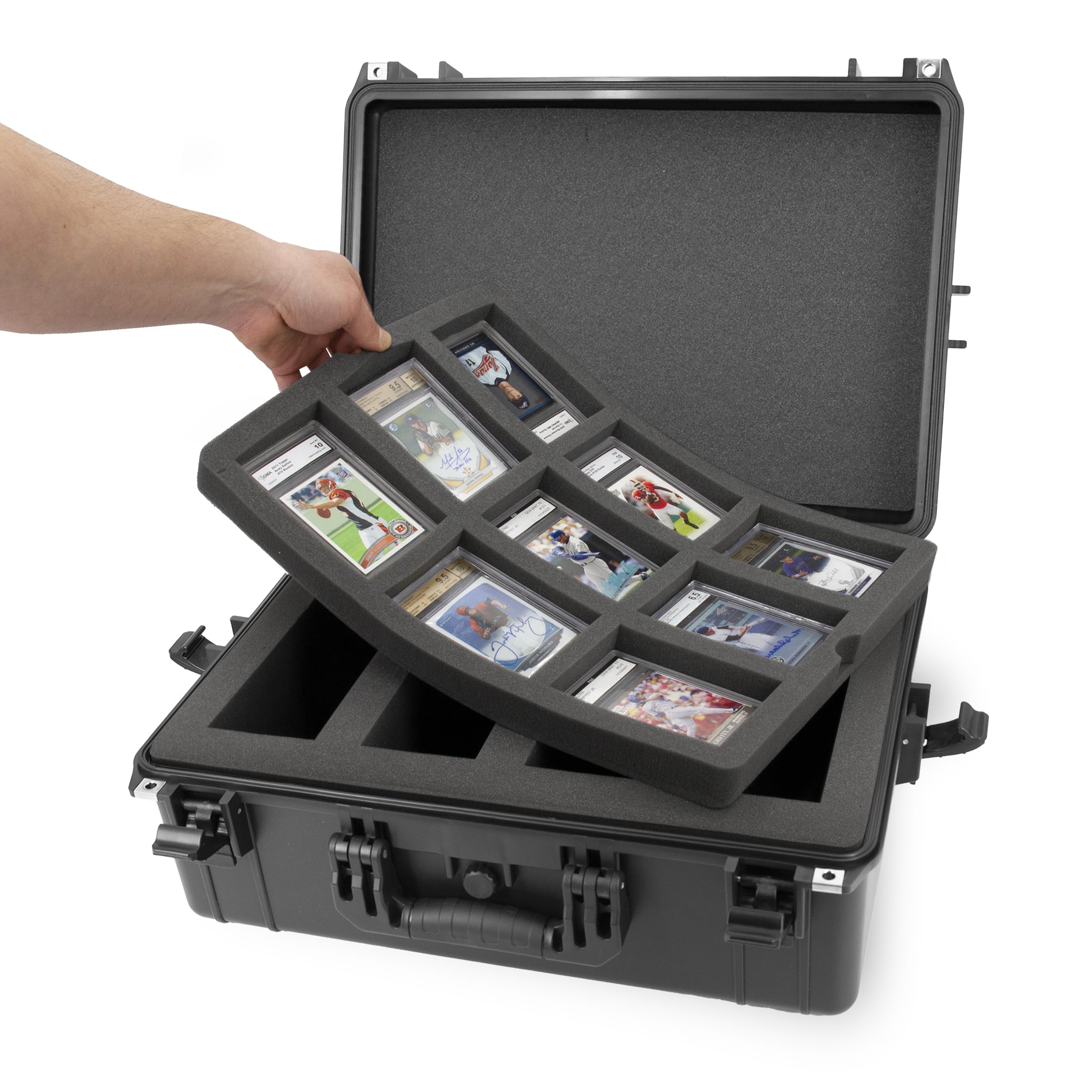 CASEMATIX XL Graded Card Storage Box - Holds 160+ BGS PSA Graded Cards, Waterproof Sports Card Display Case with Custom Foam Dividers - Perfect for Collectors, Trading & Card Show Protection