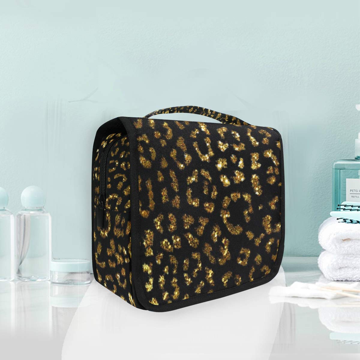 ALAZA Gold Leopard Print Hanging Toiletry Bag - Waterproof Travel Cosmetic Organizer with Hook for Makeup, Skincare & Shampoo | Perfect for Vacation, Gym & Business Trips