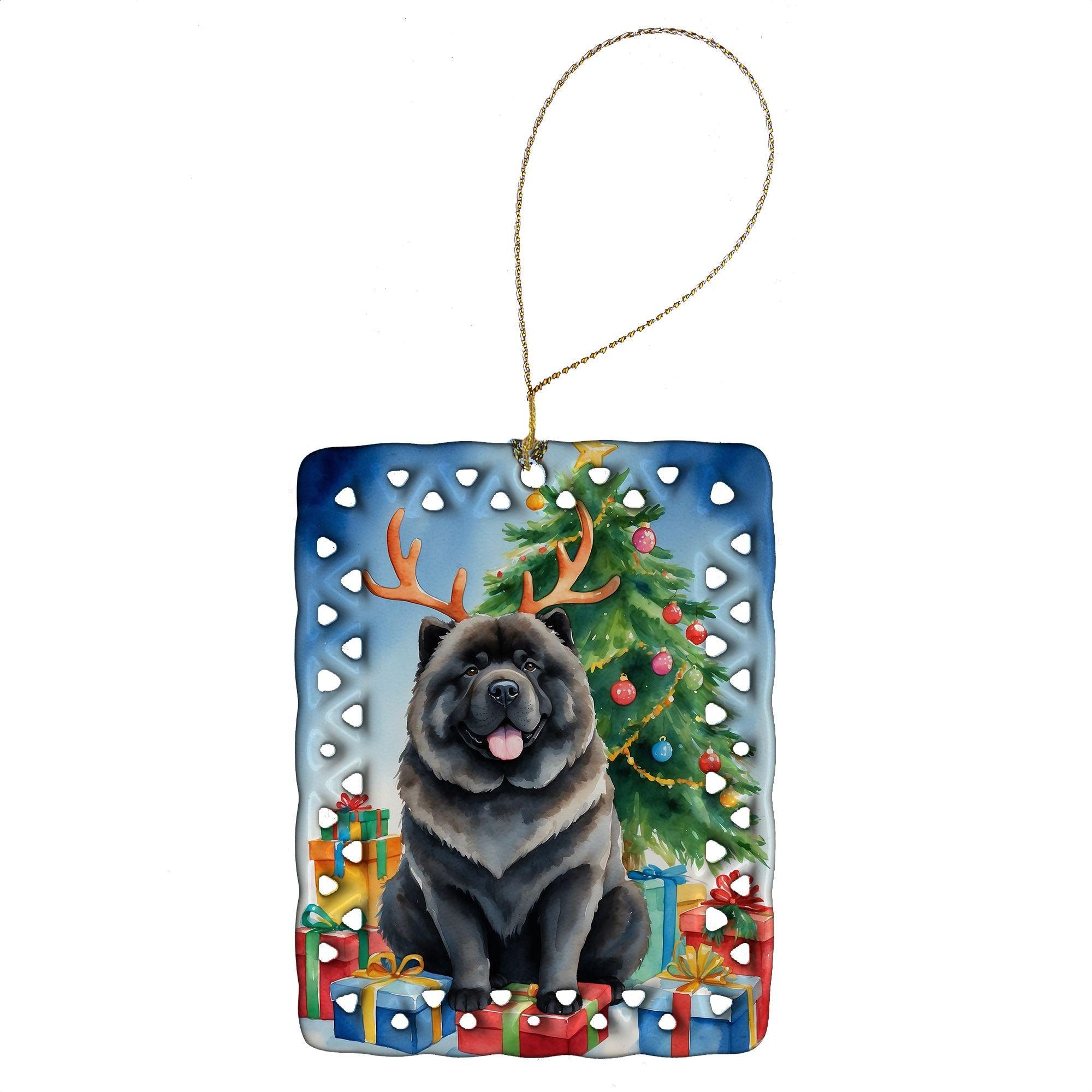 Black Chow Chow Christmas Reindeer Porcelain Ornament - Handmade Holiday Tree Hanging Decor for Home, Festive Gift (Multicolor, Rectangle) | Perfect for Christmas Tree Decorations, Holiday Parties & Gift Exchanges