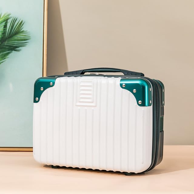 EVVIX 14 Inch Small Hard Shell Cosmetic Case - Travel Makeup Organizer for Women | Portable Carry-On Luggage, Kids Suitcase & File Storage Box | Durable ABS Mini Trunk in Royal Green & White | Perfect for Air Travel, Weekend Getaways & Home Organization