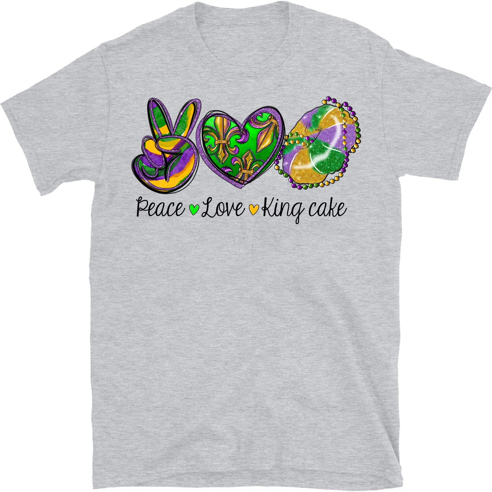 Peace Love King Cake Mardi Gras T-Shirt - Fun Carnival Party Outfit for Festivals & Parades