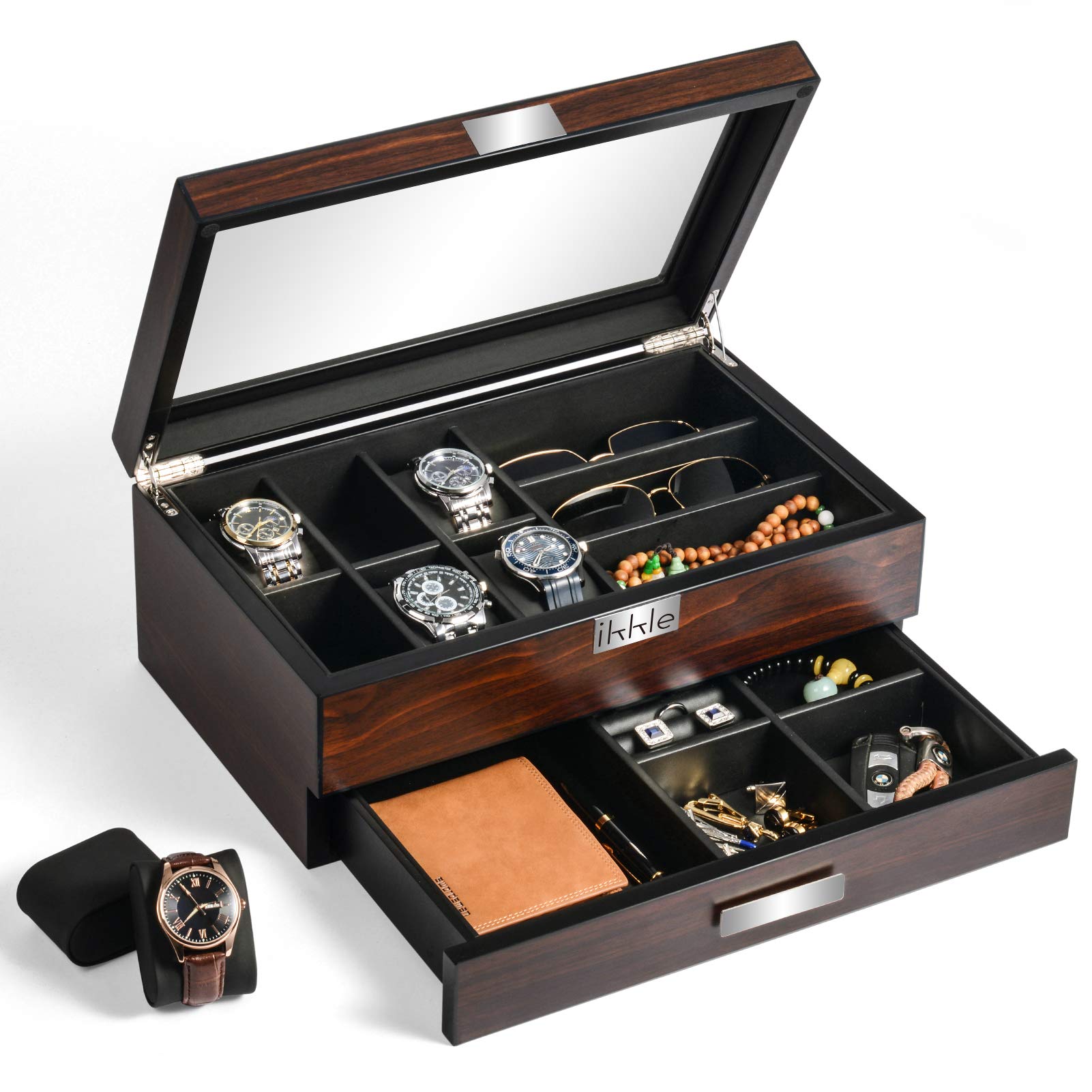Premium Wooden Watch Box Organizer for Men - Luxury Valet Drawer & Glass Top Display Case - Jewelry Storage Gift for Him - Perfect for Watch Collectors & Fashion Accessories Organization