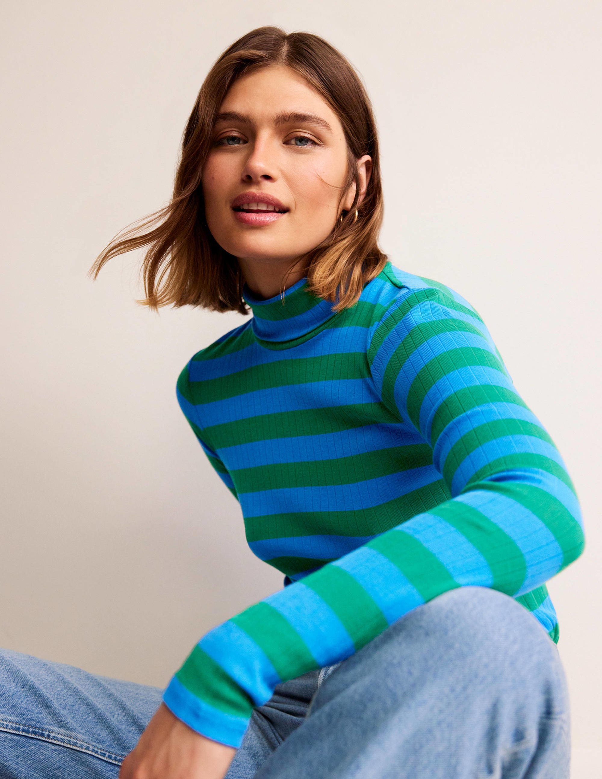Anna Rib Roll Neck Top - Bright Cobalt & Veridian Green Women's Knit Sweater | Casual Wear, Office Outfit, Winter Layering