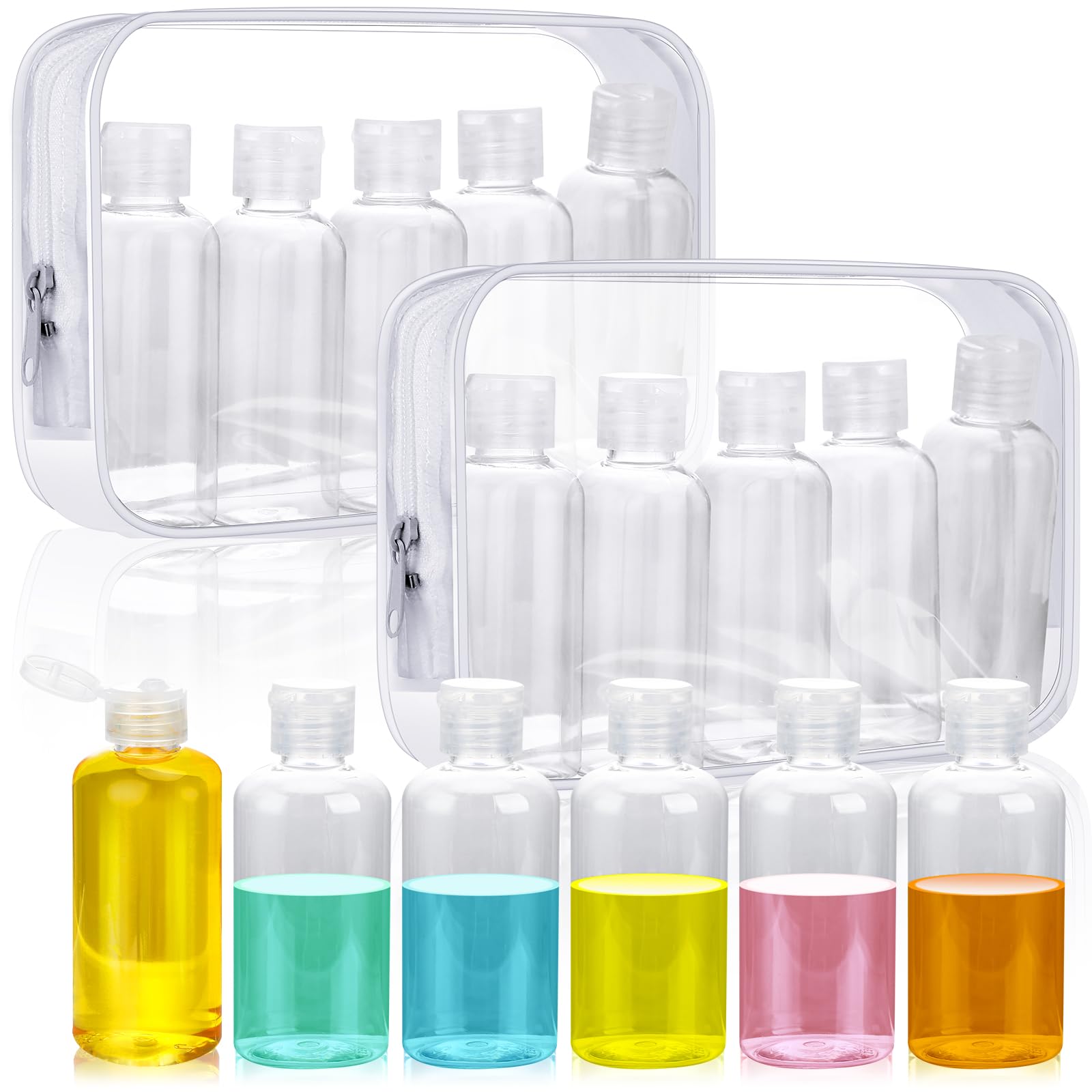 Layhit 10-Pack 3.4oz/100ml Leak-Proof Travel Bottles with Flip Top Caps & 2 Clear Zipper Pouches - TSA Approved Toiletry Containers for Shampoo, Conditioner, Lotion | Perfect for Airplane Carry-On, Gym Bag & Vacation Essentials