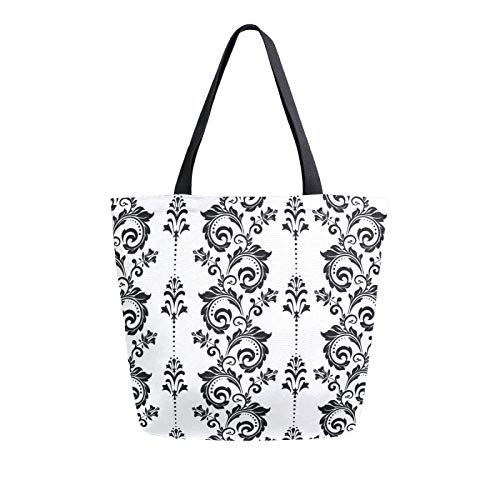 **Damask Flower Large Canvas Tote Bag – Heavy Duty Grocery Bag for Women, Mandala Print Reusable Shoulder Bag with Pockets – Perfect for Travel, Beach, School, Nursing & Shopping (Great Gift Idea)**