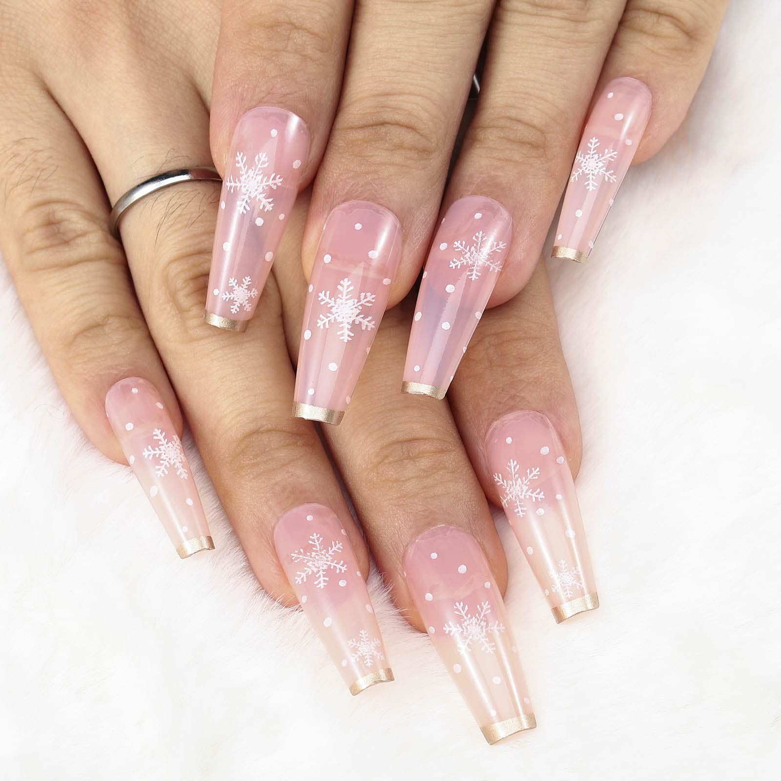 Acenail Extra Long Coffin Press on Nails - 24Pcs French Snowflake Design Glossy Fake Nails with Full Cover Tips | DIY Acrylic Nails for Women & Girls | Perfect for Parties, Weddings & Special Occasions