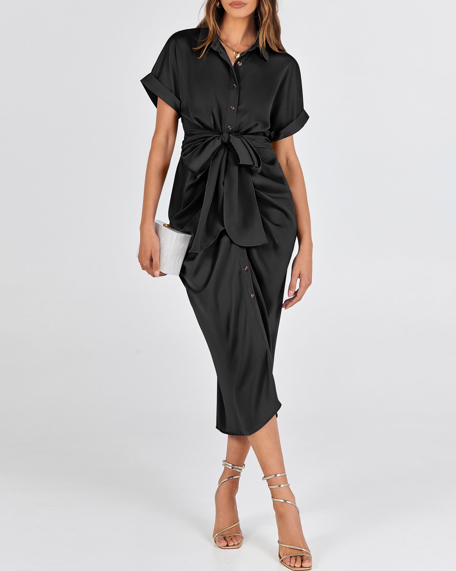 BTFBM 2025 Women's Elegant Ruched Button Down Shirt Dress - Short Sleeve Lapel V-Neck Satin Maxi Dress for Spring Summer Parties, Weddings, Cocktail Events & Office Wear