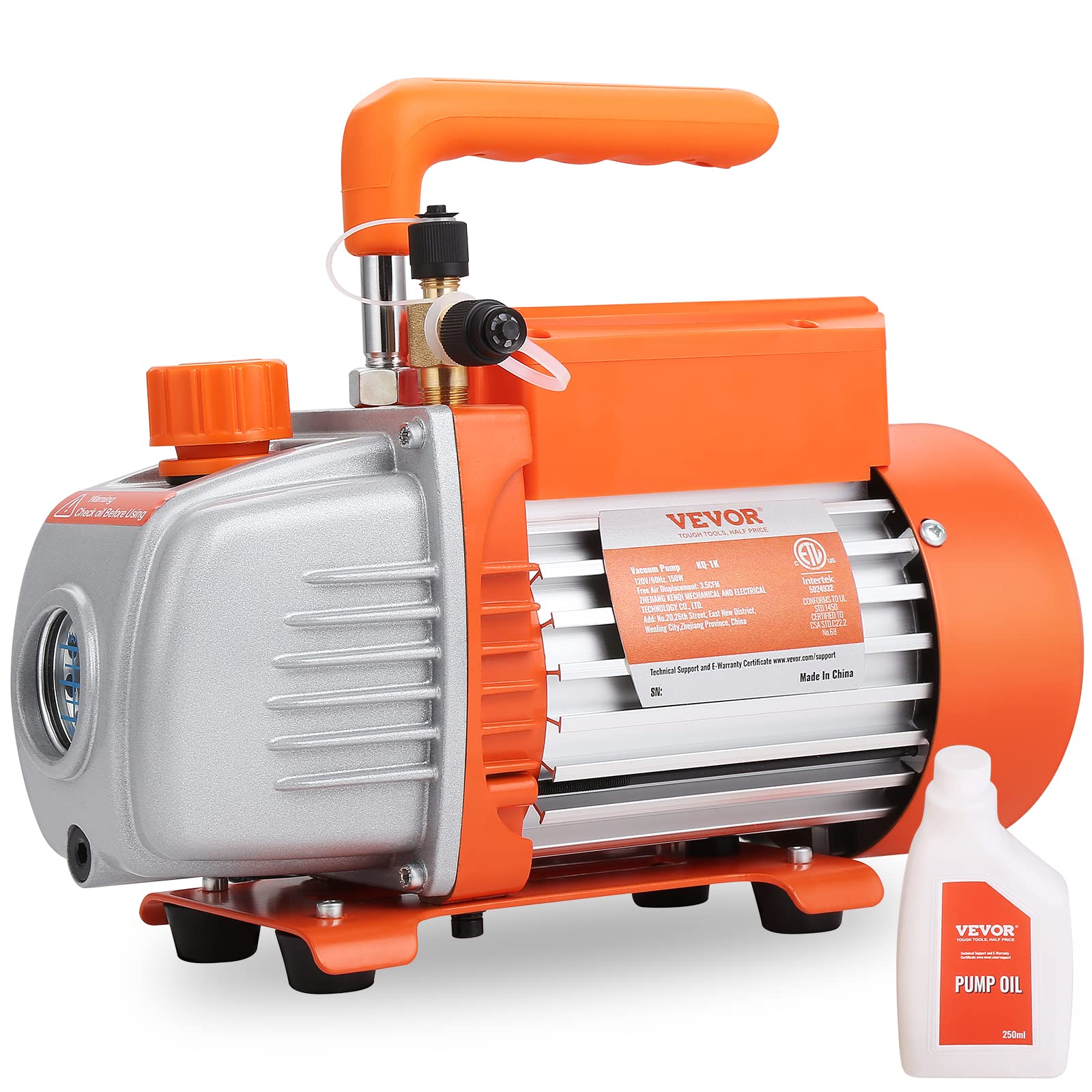 VEVOR 1/5 HP Single Stage Vacuum Pump, 3.5 CFM, 120V AC Air Conditioning Vacuum Pump with 1/4