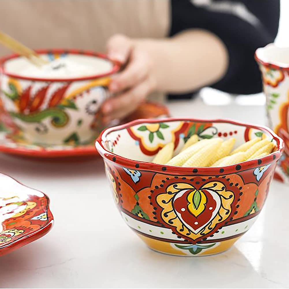 Exotic Style 6-Piece Ceramic Dinnerware Set - Hand Painted Red Plates & Bowls with Colorful Floral Patterns | Perfect for Carnival Parties, Home Dining, and Special Occasions