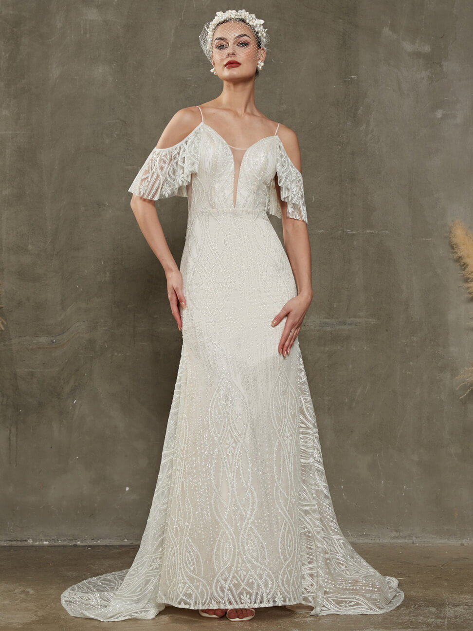 Sparkling Convertible Off-Shoulder Mermaid Wedding Dress with Detachable Train - Elegant Bridal Gown for Beach, Church & Formal Weddings
