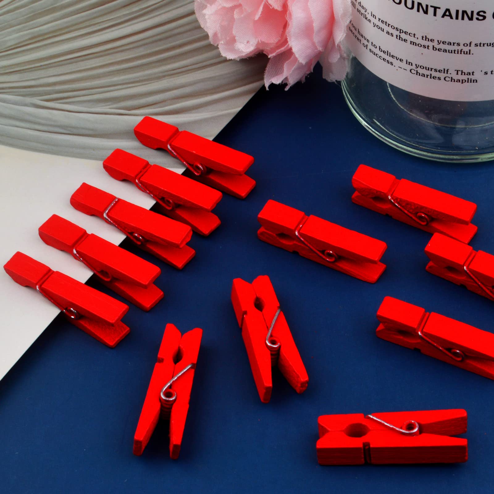 Jdesun 50pcs Natural Wooden Clothespins - Mini Wood Photo Clips for DIY Crafts, Scrapbooking, Home Decor & Office Organization (Red) - Perfect for Hanging Photos, Artwork, Notes & Drying Laundry