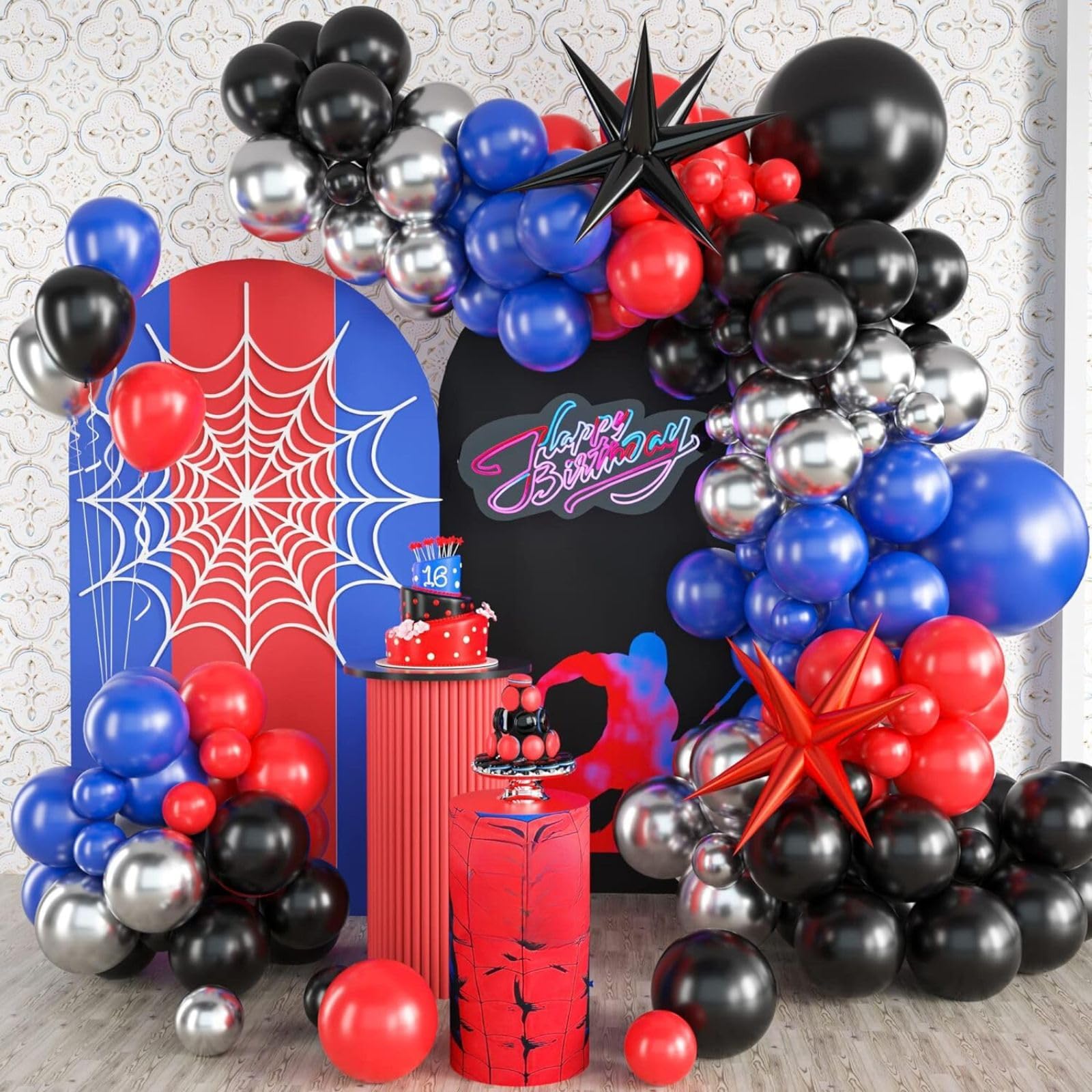 Red Blue Black Balloon Arch Kit - Spider Hero Theme Party Decorations for Boys Birthday & Baby Shower | DIY Balloon Garland for Superhero Parties, Halloween Decor, and Kids Events