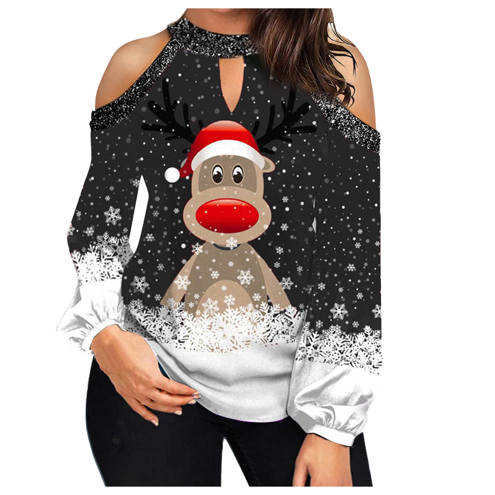 Women's Off Shoulder Christmas Tops - Casual Long Sleeve Blouse Pullover for Holiday Parties & Festive Gatherings