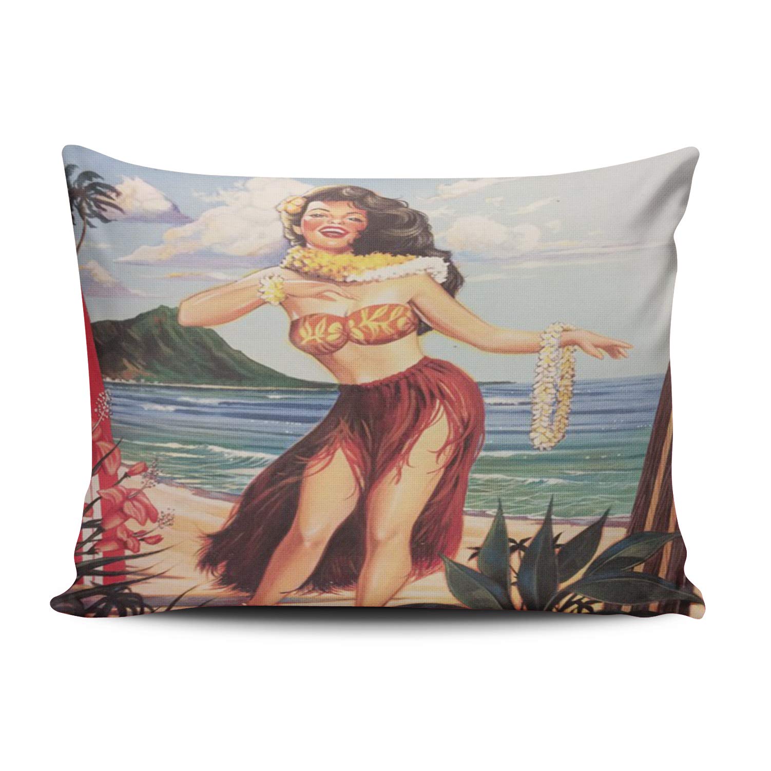Hawaiian Hula Girl Beach Print Pillow Cover - Modern Decorative Throw Pillow Case 12x16 Inches for Sofa, Bedroom & Living Room - Tropical Home Decor