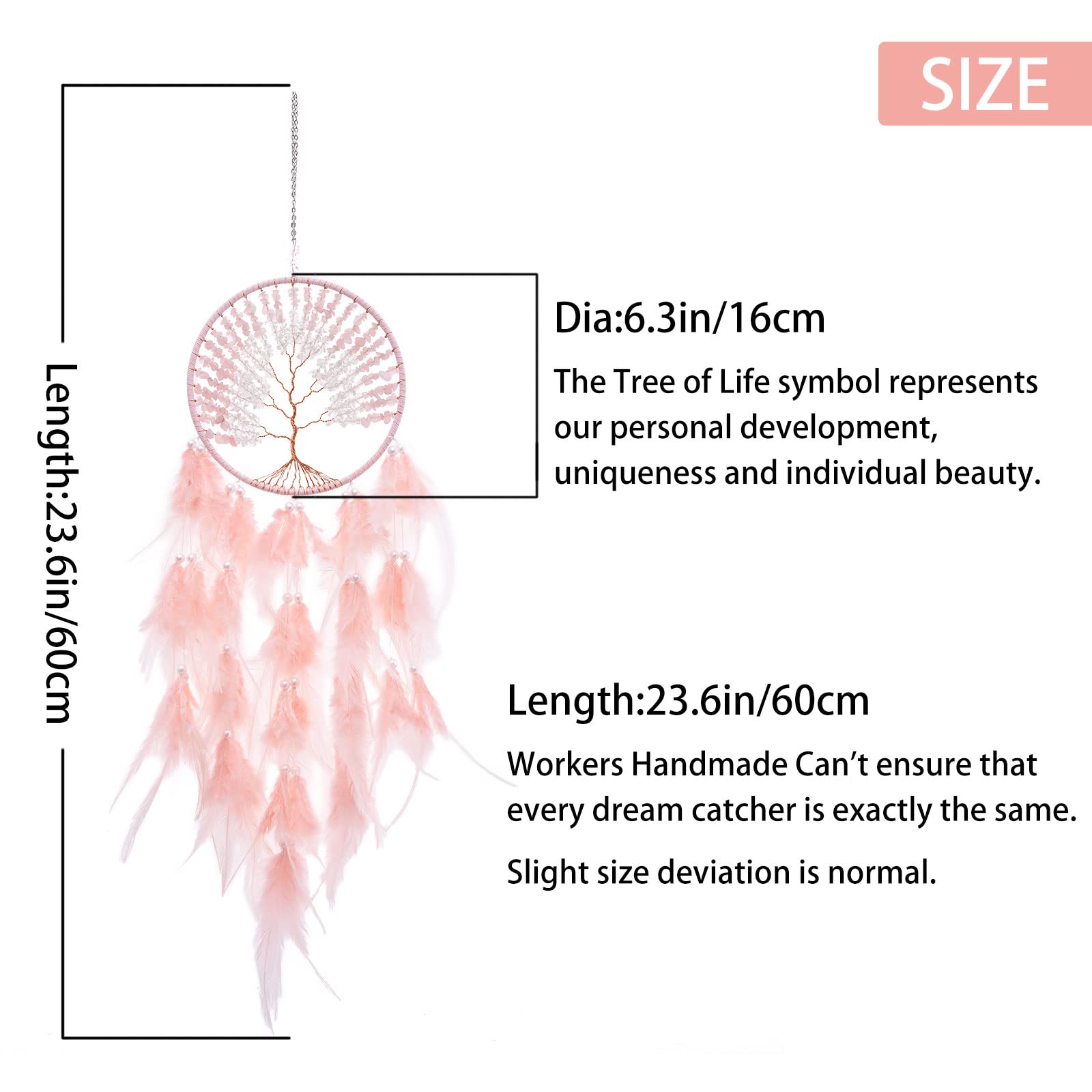 Handmade Tree of Life Dream Catcher with Healing Crystals & Feathers - Pink Bohemian Wall Hanging Decor for Bedroom, Living Room, Wedding (25.6 Inch) | Spiritual Home Decor, Housewarming Gift & Meditation Space Accent