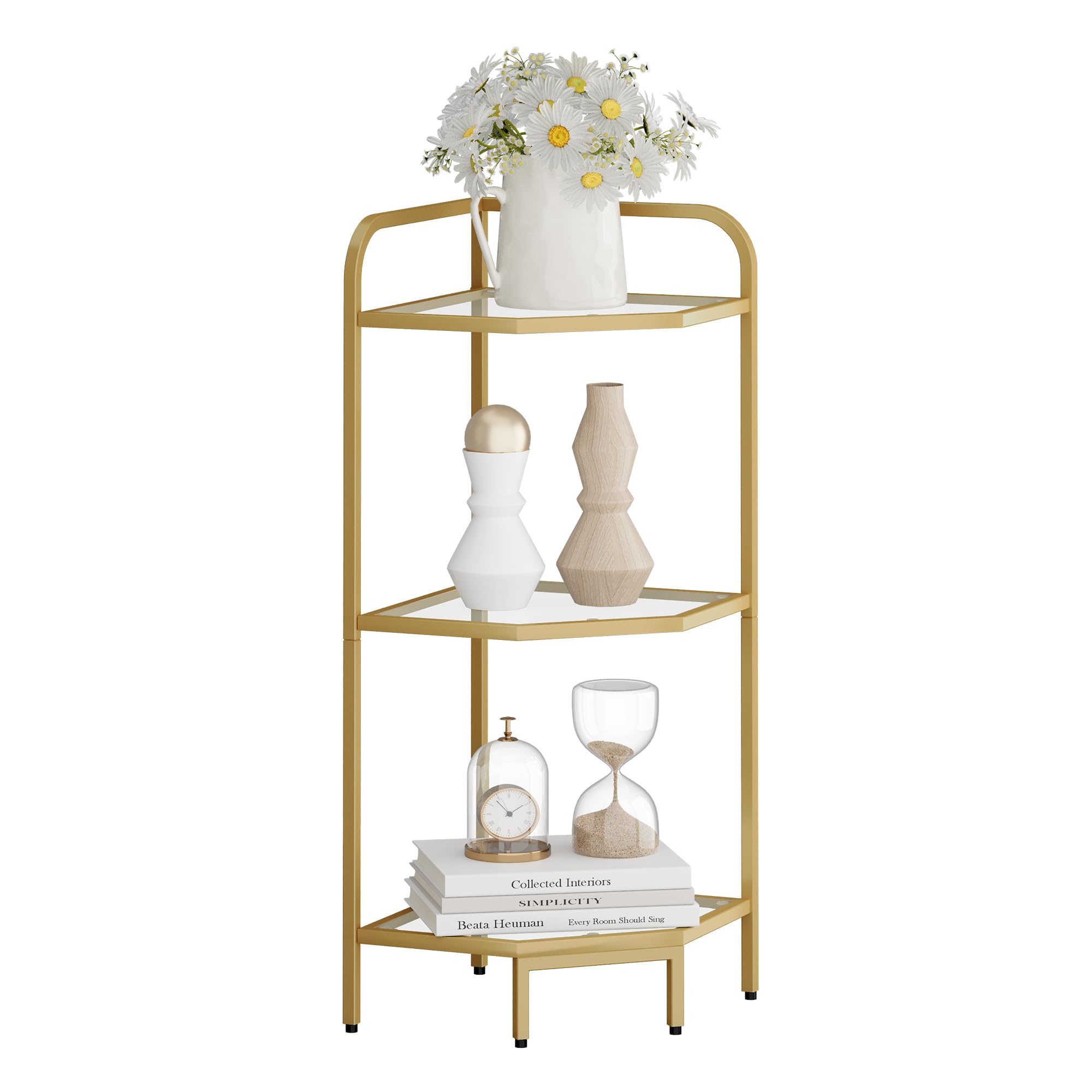 Modern 3-Tier Golden Corner Shelf Stand - Steel Frame & Tempered Glass Bookcase, Bathroom Organizer & Plant Stand - Perfect for Living Room, Kitchen, Bathroom Storage & Home Decor