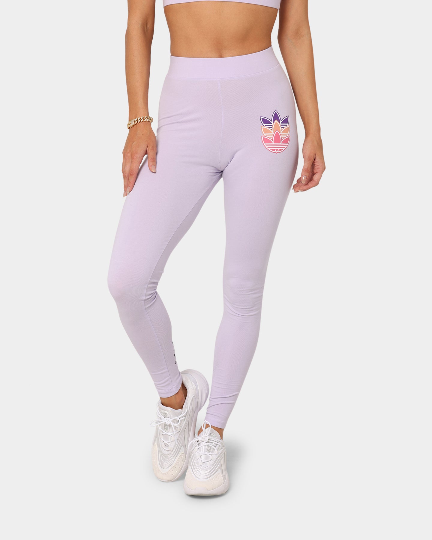 Adidas Women's Logo Play Leggings - Purple Printed Yoga Pants for Running, Workout & Gym - High Waisted Stretchy Athletic Tights