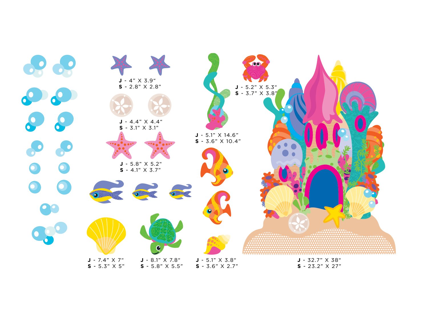 Under The Sea Sand Castle Fabric Wall Decals - Large Reusable & Repositionable Ocean Theme Stickers with Castle, Fish & Bubbles for Kids' Bedroom & Playroom Decor