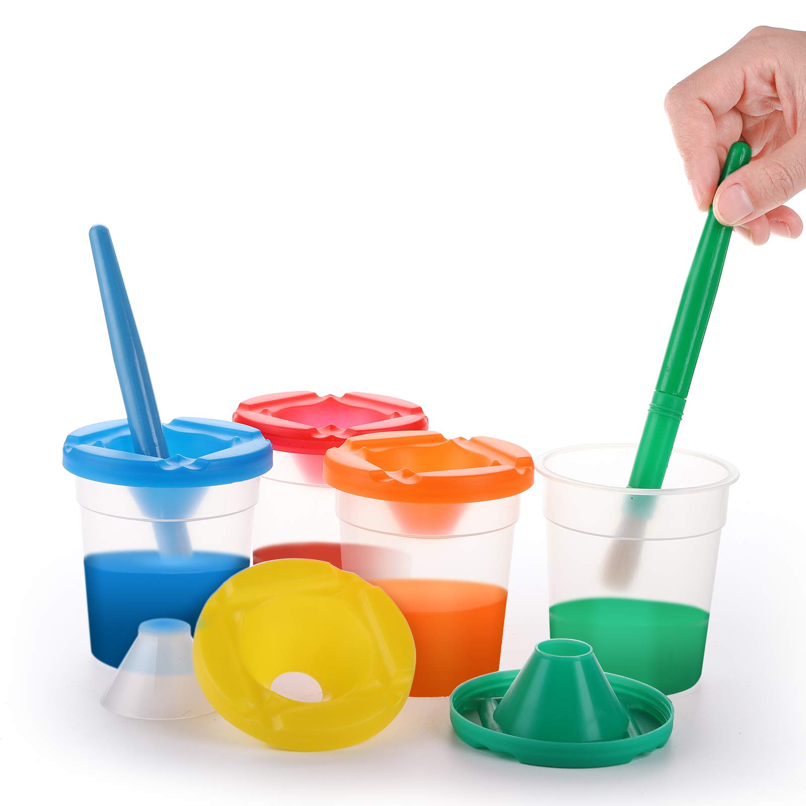 20-Piece Spill-Proof Paint Cup Set with Lids & Hog Bristle Brushes - Kids Art Supplies for Watercolor, Tempera, Acrylic & Washable Paint - Perfect for Classroom, Home Crafts & DIY Projects (10 Colors Included)