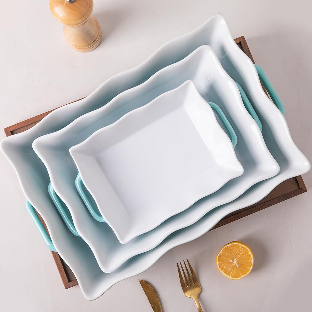 Sweejar 3-Piece Ceramic Casserole Dish Set - Rectangular Baking Pan with Handles & Wave Edge, Oven Safe Lasagna Pan for Cooking, Baking Cakes, Family Dinners, Banquets & Daily Kitchen Use (White) - Perfect for Holiday Meals, Potlucks & Entertaining Guests
