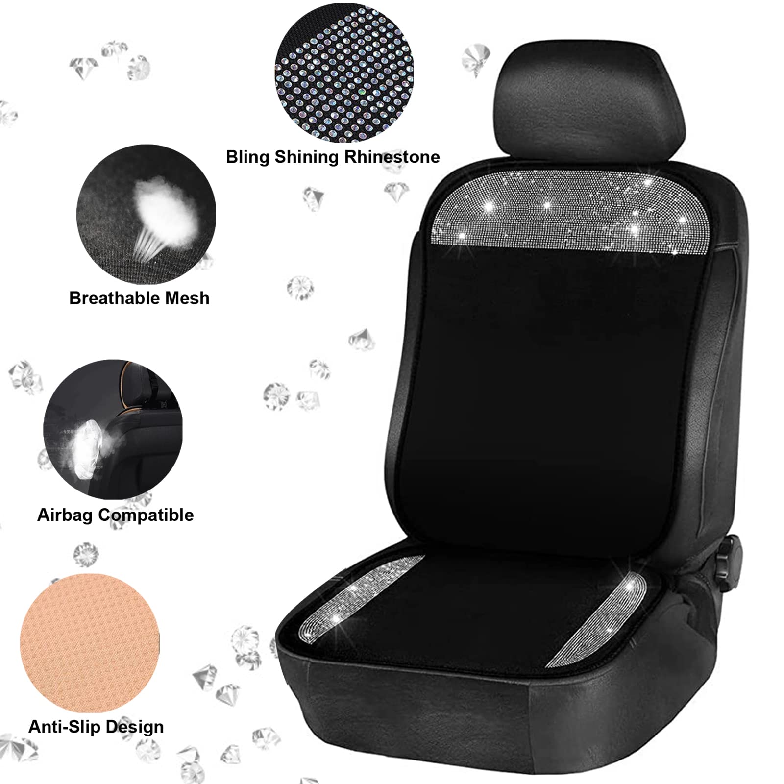 3 Pack Rhinestone Car Interior Accessories for Women - 2 Seat Covers & Armrest Cover - Universal Fit for Sedans, SUVs, Trucks - White - Perfect for Daily Commute & Road Trips