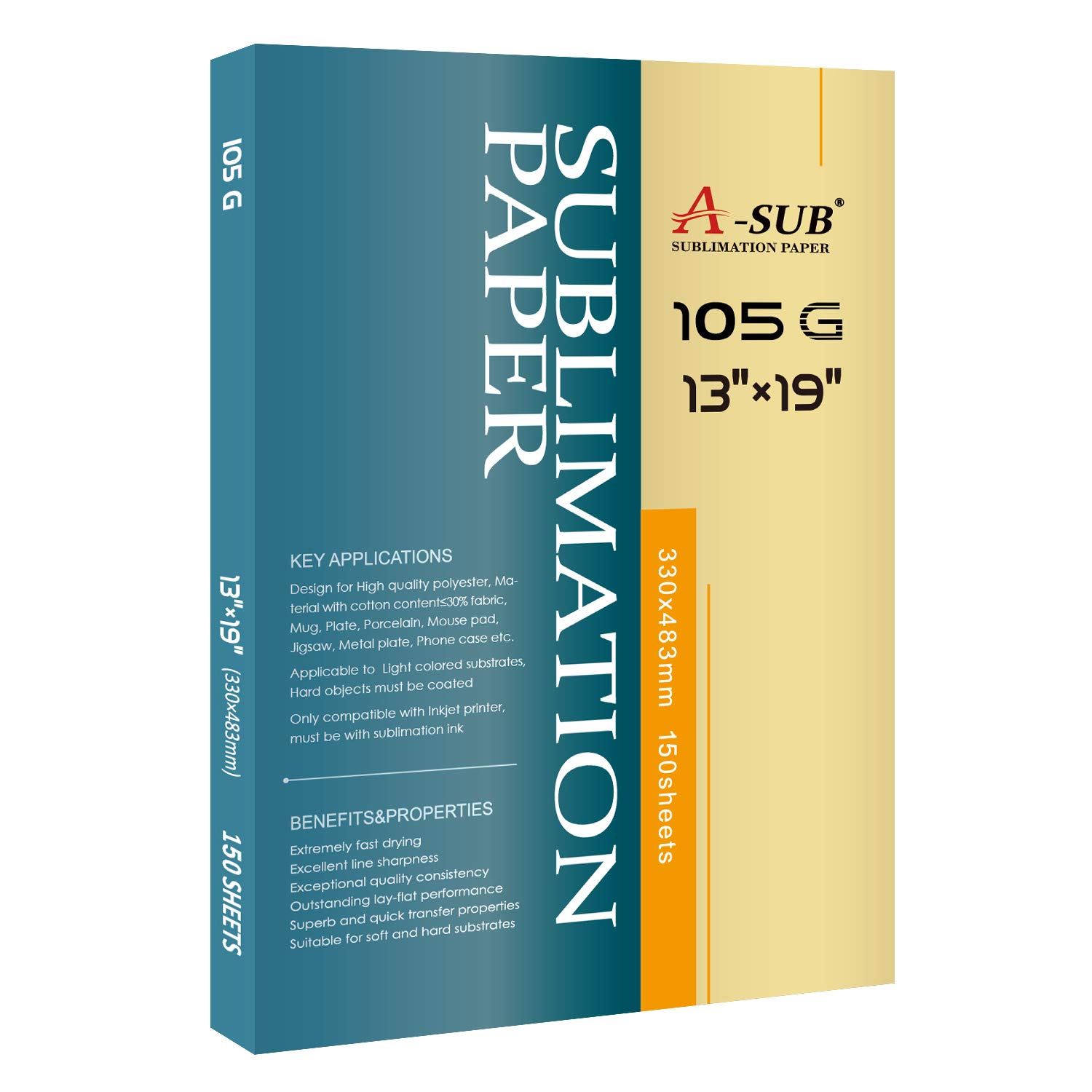 Premium A-SUB Sublimation Paper - 150 Sheets 13x19 Inch Heat Transfer Paper for Inkjet Printers (105g) | Ideal for T-Shirts, Mugs & DIY Sublimation Projects
