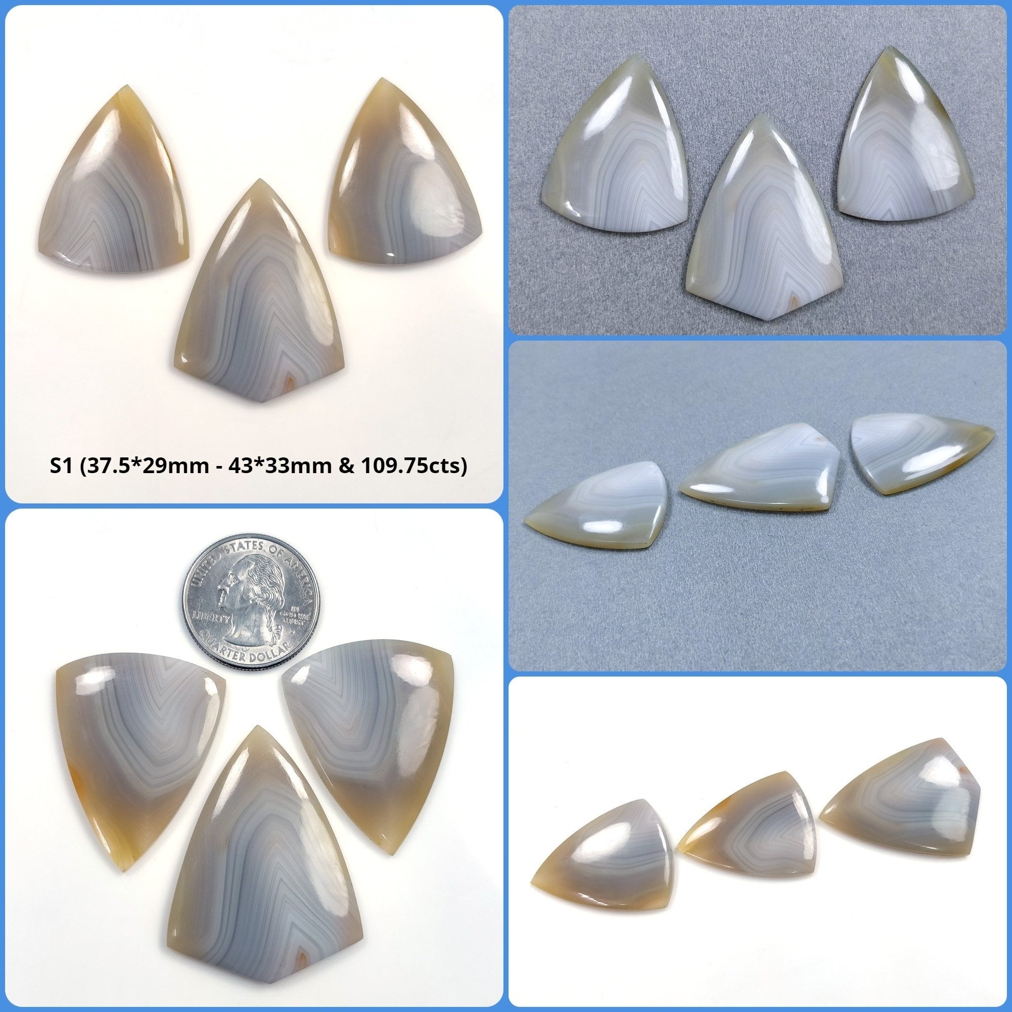 Natural Botswana Agate Gemstone Cabochon - Untreated Bi-Color Agate, 37mm (43x3mm) - 3pc & 4pc Sets for Jewelry Making, Wire Wrapping, and Healing Crystal Collections