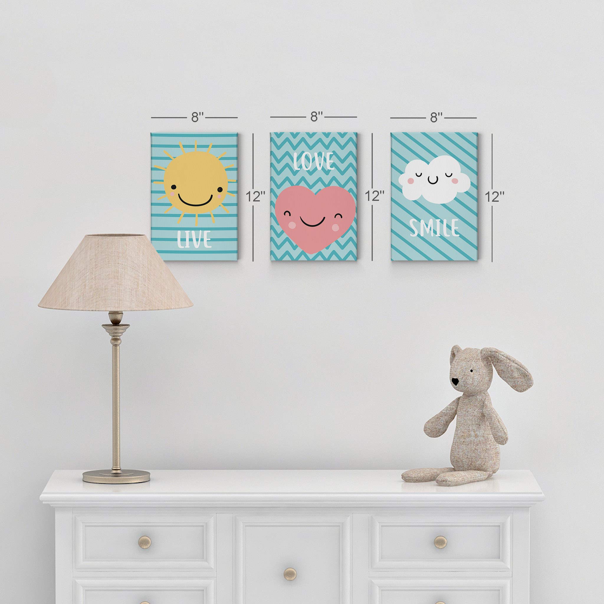 Live Love Smile Canvas Wall Art Set - 3 Piece Blue Lettering Prints for Kids Room Decor, Nursery Wall Art for Boys & Girls (40x30 Inches, Rolled) | USA Made | Perfect for Bedroom, Playroom & Nursery Decor