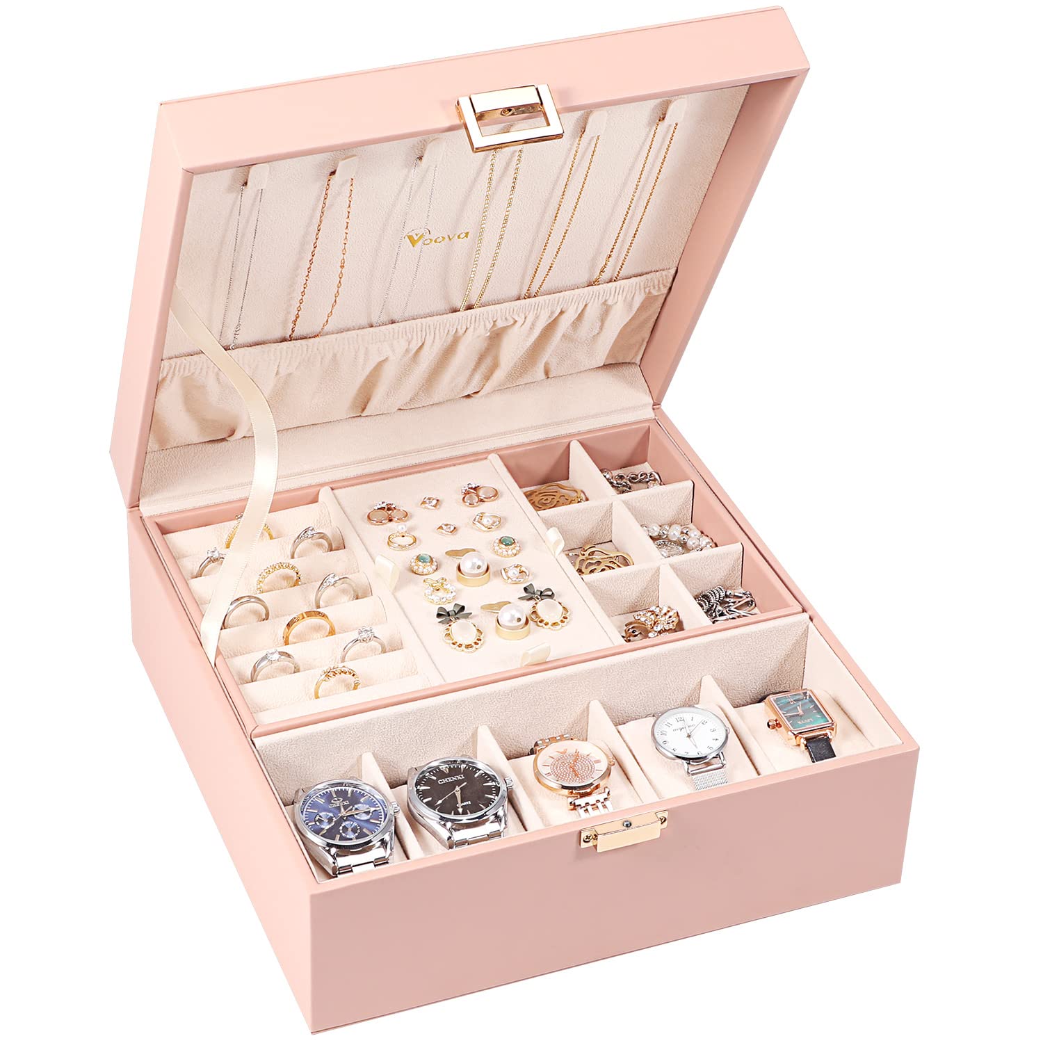 Voova 2-Layer Large Jewelry Box Organizer for Women - PU Leather Watch & Sunglasses Storage Case with Removable Tray - Holds Rings, Earrings, Necklaces (Pink) | Perfect for Travel, Home Vanity & Gift Giving