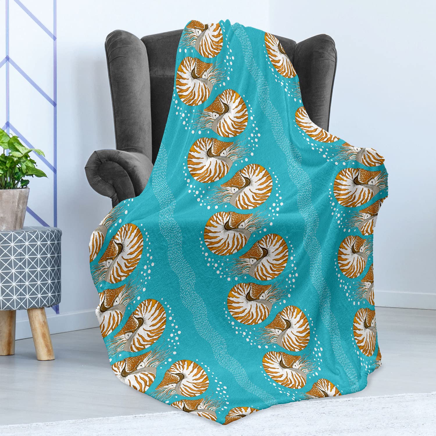 Ambesonne Underwater Throw Blanket - Exotic Chambered Nautilus Sea Creatures Design, Soft Flannel Fleece Accent Blanket for Couch, Bed & Sofa (50