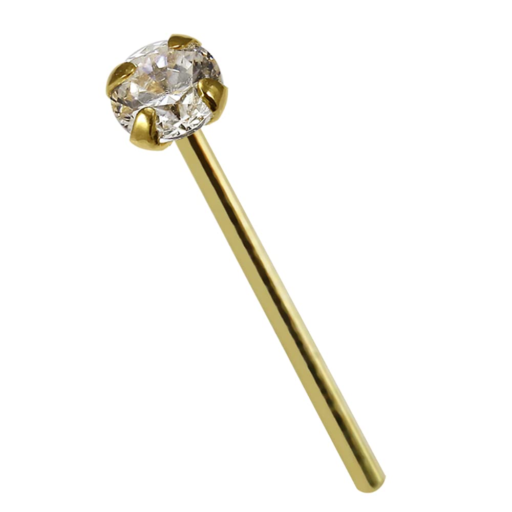 9K Solid Yellow Gold Claw Nose Stud with Clear Round CZ Stone - 22 Gauge Straight Piercing Jewelry for Women | Hypoallergenic, Comfort Fit for Daily Wear & Special Occasions