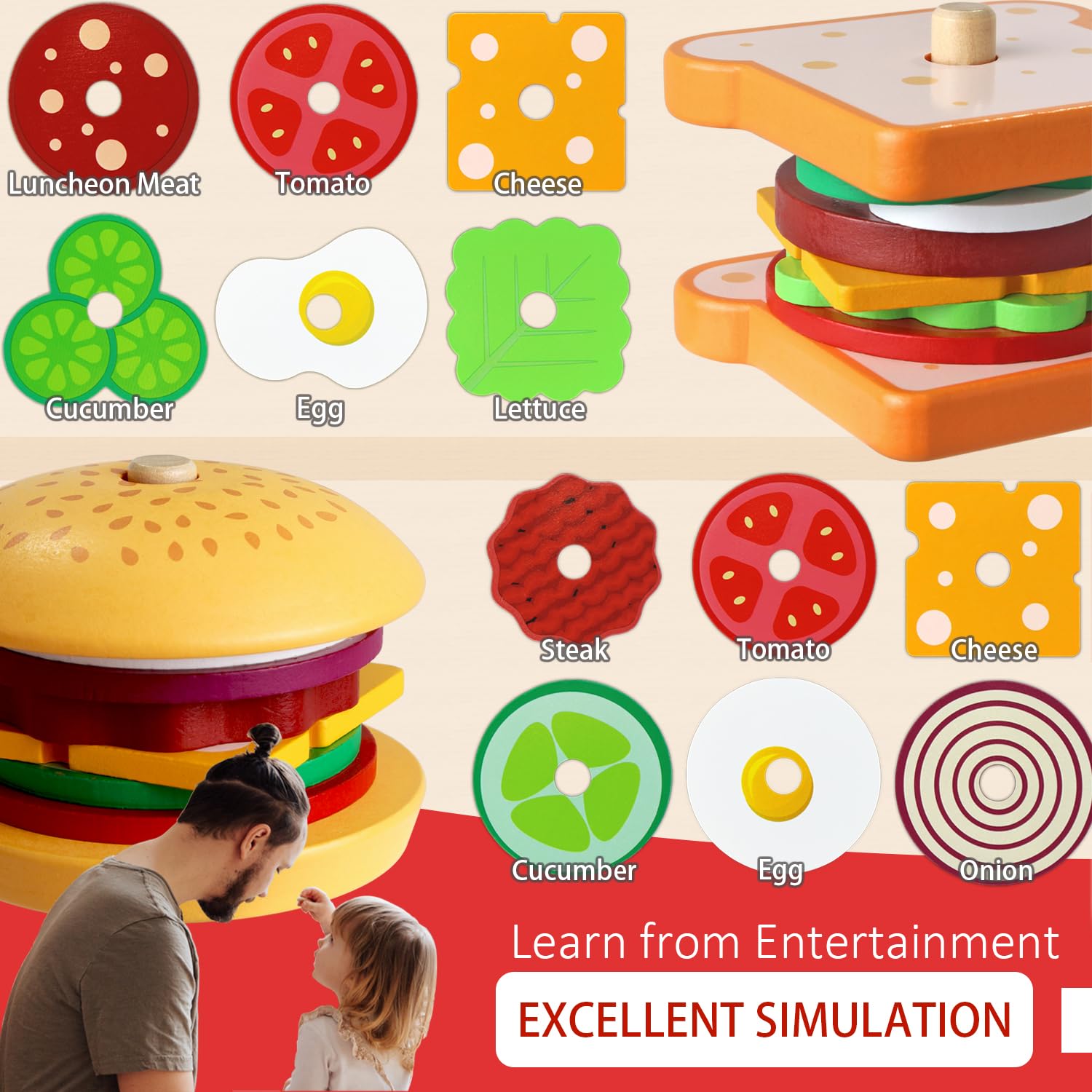 Montessori Wooden Stacking Blocks & Pretend Play Food Set - Educational Toddler Toys for 3 4 5 Year Old Boys & Girls | Preschool Learning Games, Classroom Activities & Kids Birthday Gifts (30-Piece Set) - Perfect for Early Childhood Development, Sensory Play & Imaginative Role-Playing Scenarios