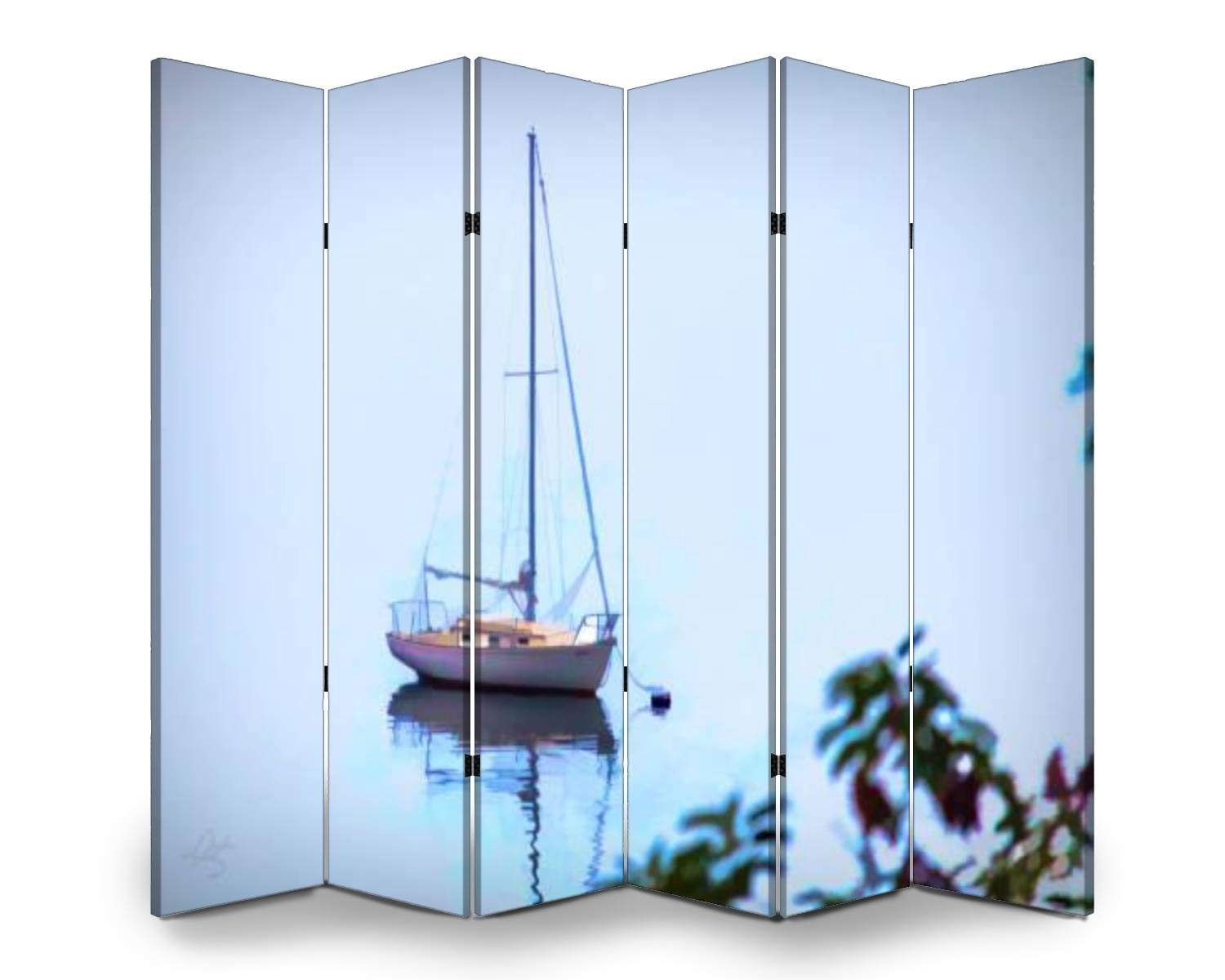APED DECOR 6-Panel Wooden Room Divider with Digital Art Print - Calm Sailboat Scene on Dual-Sided Folding Privacy Screen, Canvas Wall Partition for Home & Office Decor | Perfect for Living Rooms, Bedrooms, and Studio Spaces