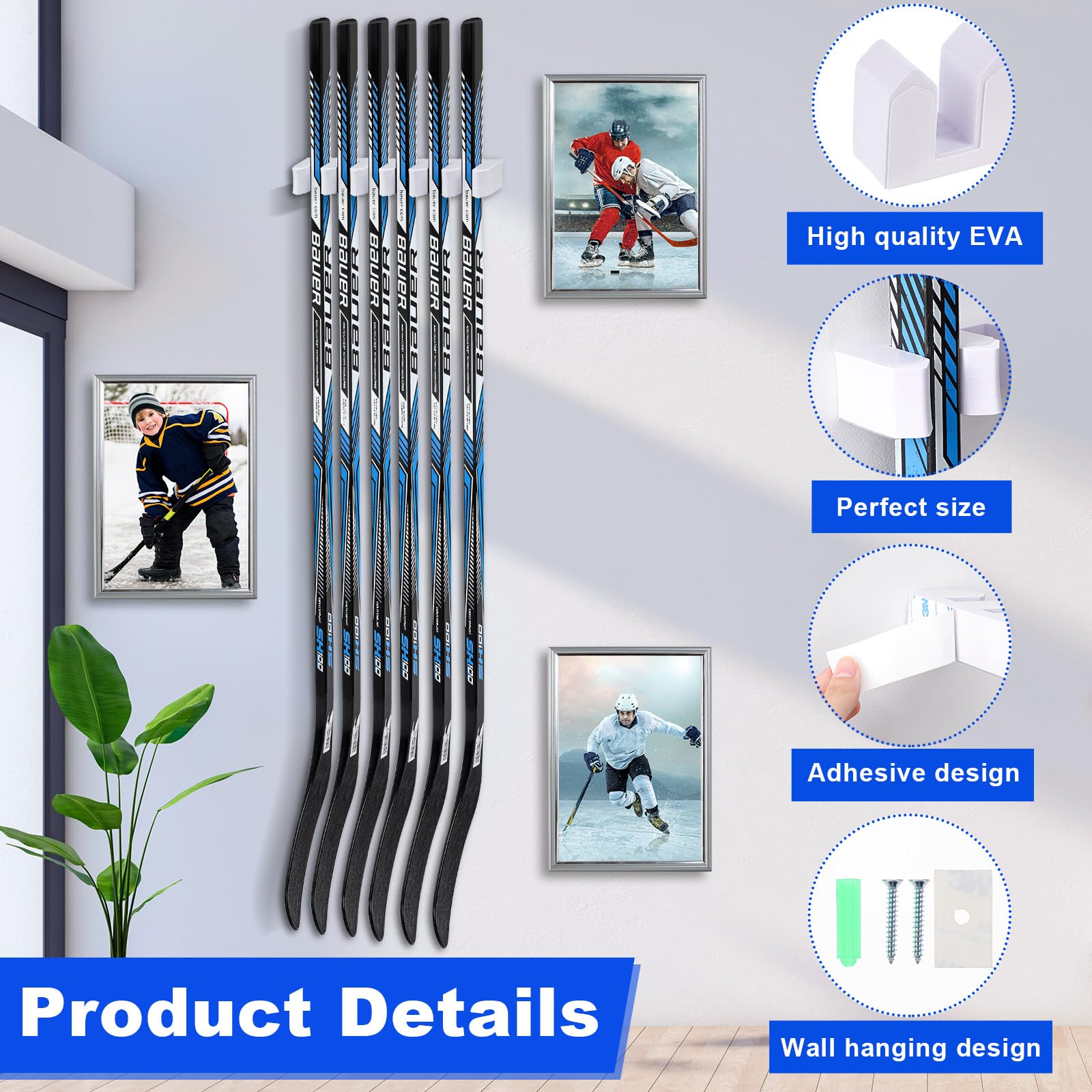 Yousoontic Hockey Stick Wall Mount Organizer - Holds 1, 2, 3, 4 or 6 Ice Hockey Sticks - Space Saving Storage Solution for Home, Office & Garage - Perfect for Hockey Players & Sports Enthusiasts