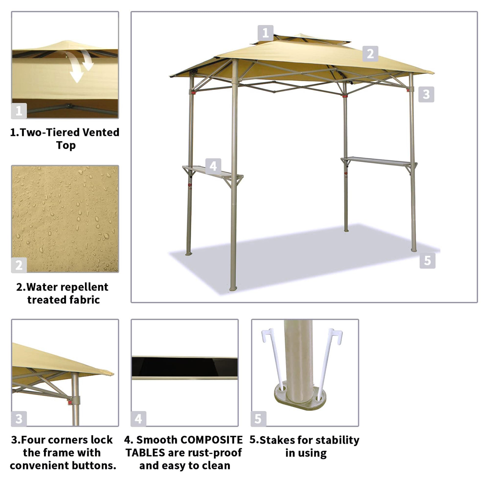 Crown Shades 8x5 Grill Gazebo - Pop Up Canopy Tent for BBQ, Backyard, Patio & Outdoor Events - Easy Setup Double Tier Vented Top with 2 Side Shelves - Beige - Perfect for Grilling, Picnics, Camping & Garden Parties