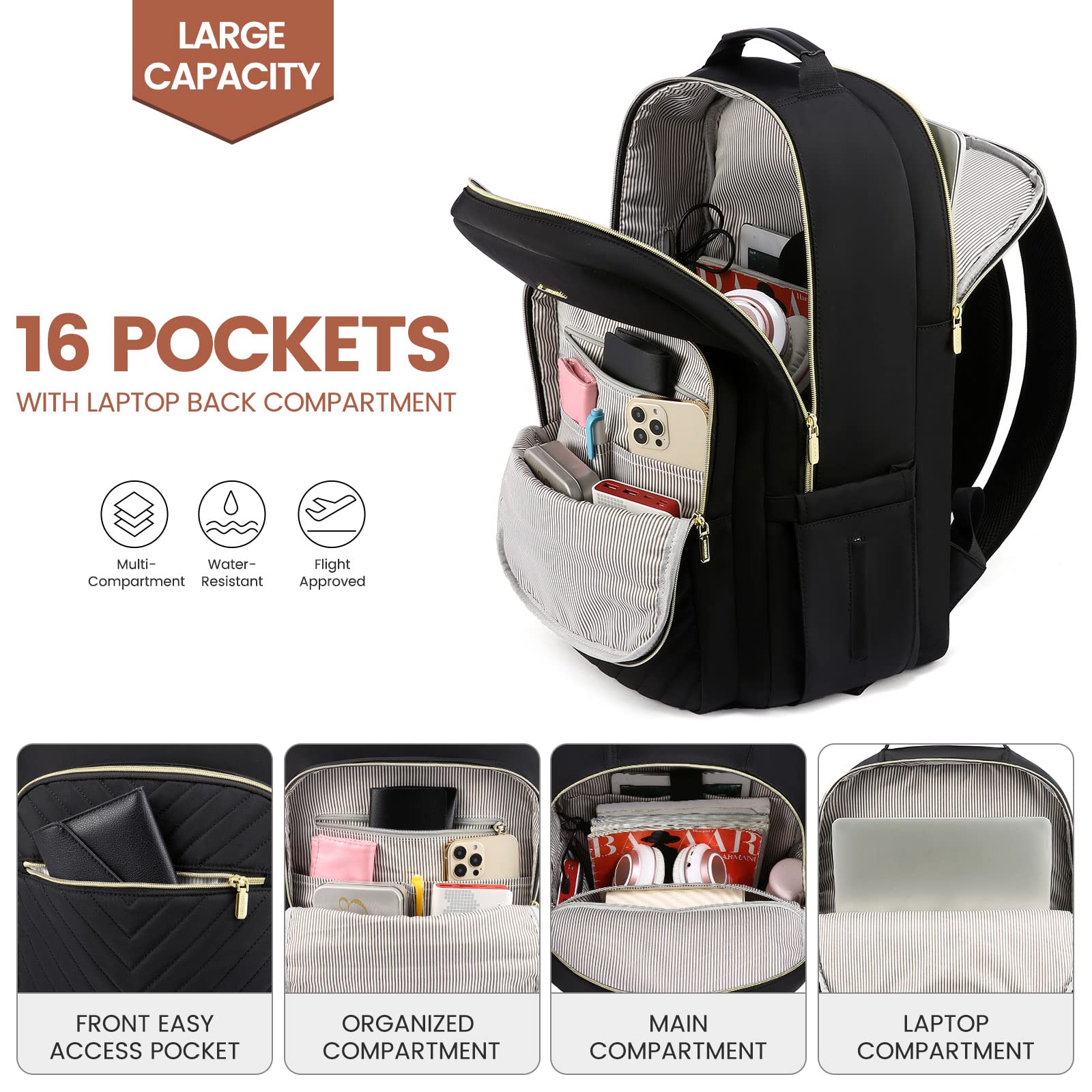 LOVEVOOK 15.6 Inch Women's Laptop Backpack - Stylish Waterproof Travel Purse & Professional Computer Bag for Work, Business, College, and Teacher Use with USB Port, Black - Perfect for Commuting, Office, and School