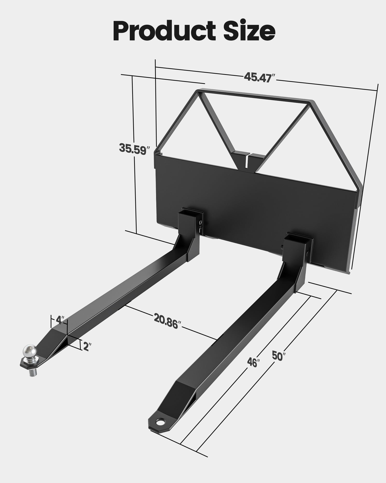 Heavy Duty Pallet Forks 2600 LBS Capacity with Trailer Hitch Ball - Q235 Steel Tractor Attachments for Farming, Warehouse & Construction Equipment - Perfect for Lifting, Moving Pallets and Material Handling