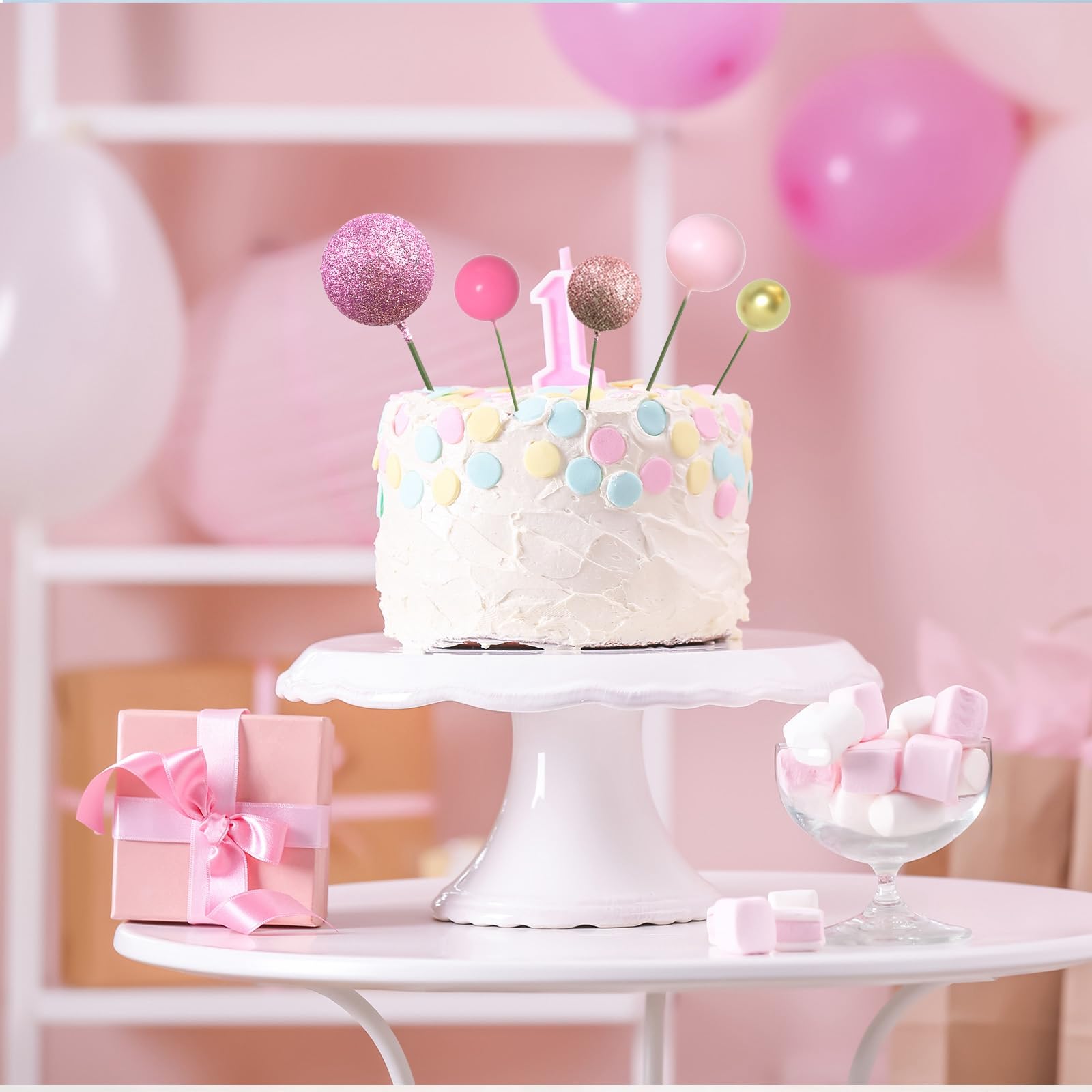 ASTARON 50 Pcs Pink Ball Cake Toppers - Mini Balloon Sticks for Cake Decorating, Foam Ball Cake Decorations - Perfect for Baby Shower, Birthday Party, Wedding Cake Toppers & Dessert Table Decor
