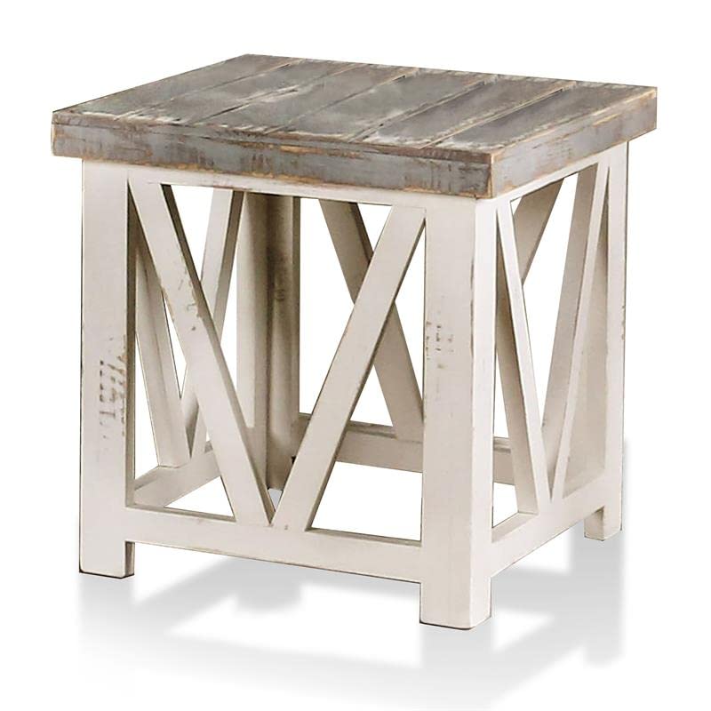 Furniture of America Osier Rustic Solid Wood Rectangle End Table in Ivory - Stylish Living Room Accent Table for Home Decor & Coffee Table Companion