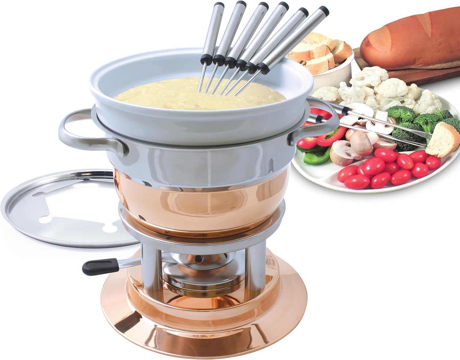 Swissmar Lausanne 11-Piece Copper Plated Fondue Set for Cheese, Chocolate, Oil & Broth Cooking - 1.8L/1.9Qt Premium Kitchen Gift Set - Perfect for Dinner Parties, Romantic Dates & Wedding Gifts