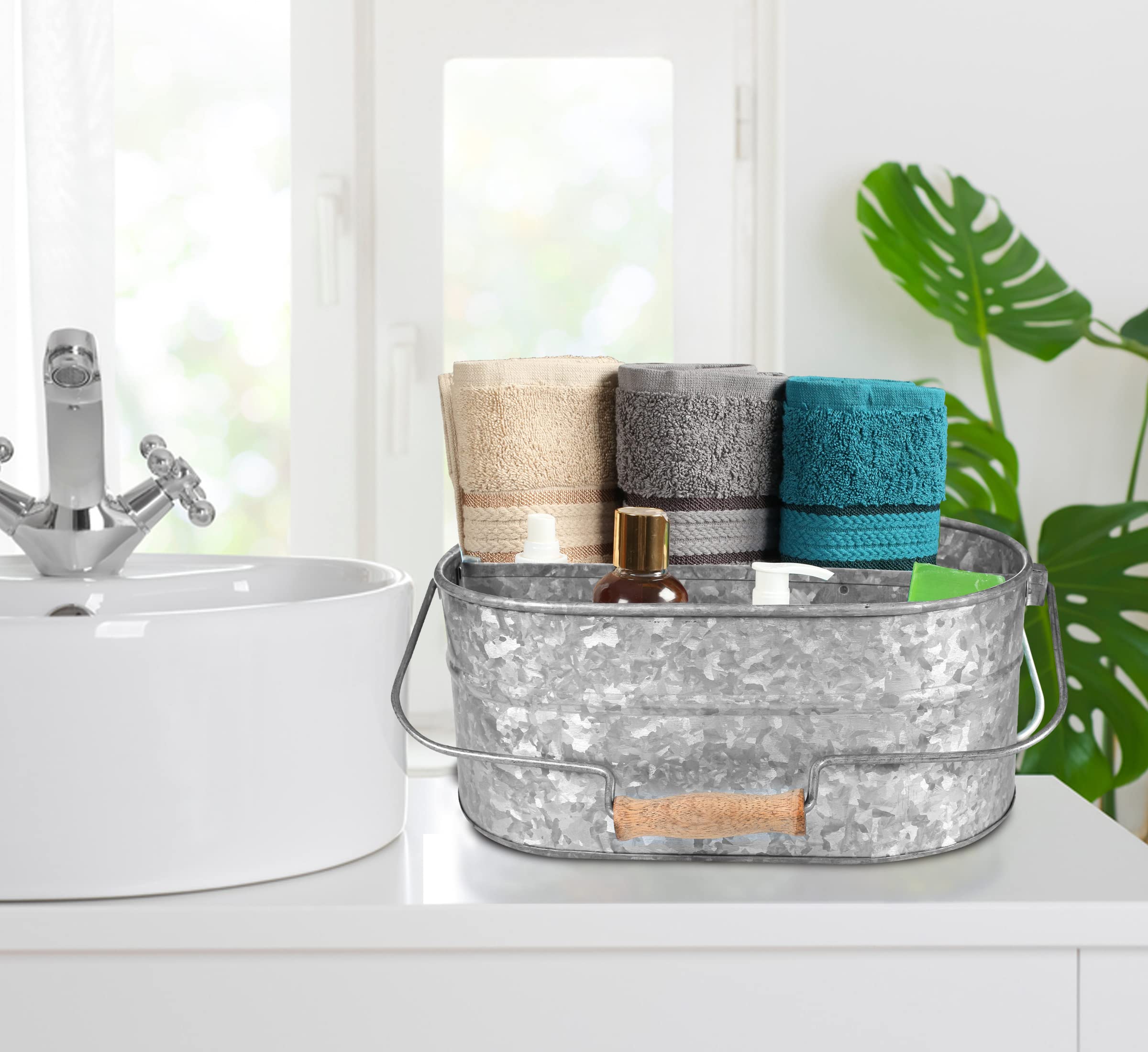 Rustic Farmhouse Metal Storage Caddy with Wooden Handle - 4 Compartment Galvanized Organizer for Kitchen Utensils, Picnic Supplies & Garden Tools - Hammered Antique Grey Finish - Perfect for Home, Office & Outdoor Use