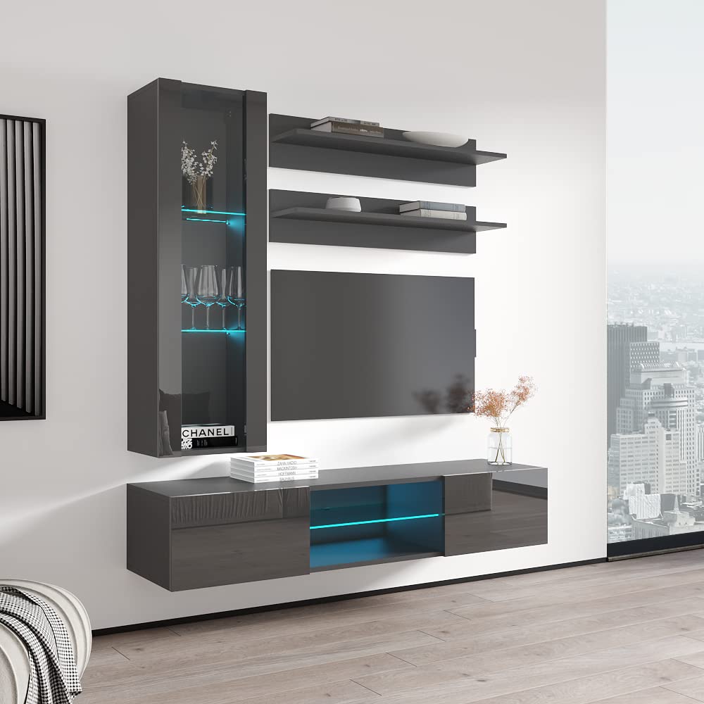 Modern Wall-Mounted TV Stand with Storage Shelves & LED Lights - H33 Entertainment Center Console for Living Room & Bedroom - Space-Saving Gray TV Cabinet for Flat Screens up to 65