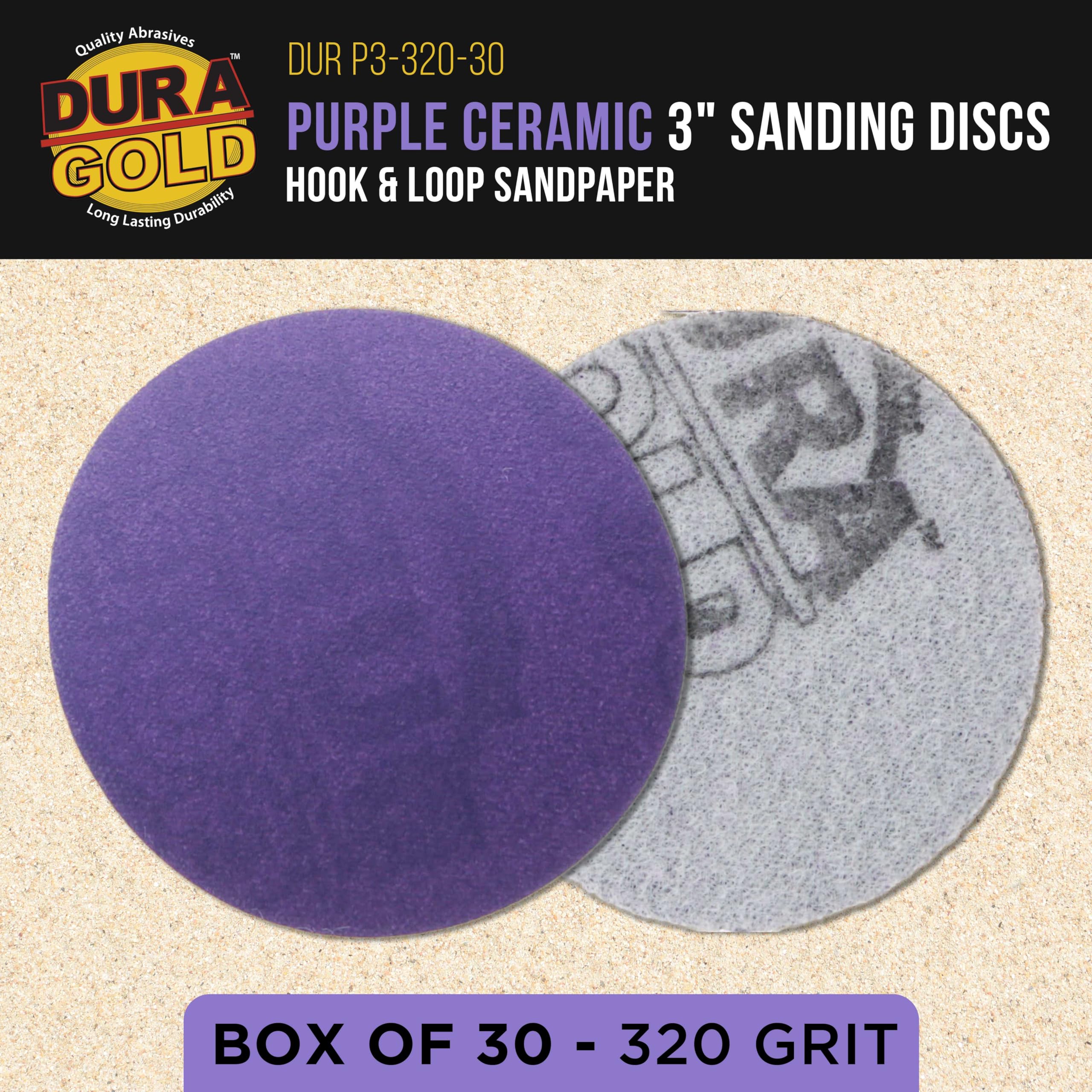 Dura-Gold Premium 320 Grit 3 Inch Purple Film Ceramic Sanding Discs - 30 Pack Hook & Loop Backing for DA Sander, Drill, Grinder, Rotary Tool - Perfect for Auto Body Paint, Metal, Wood Sanding & Woodworking Projects - Ideal for DIY, Automotive Repair & Furniture Refinishing