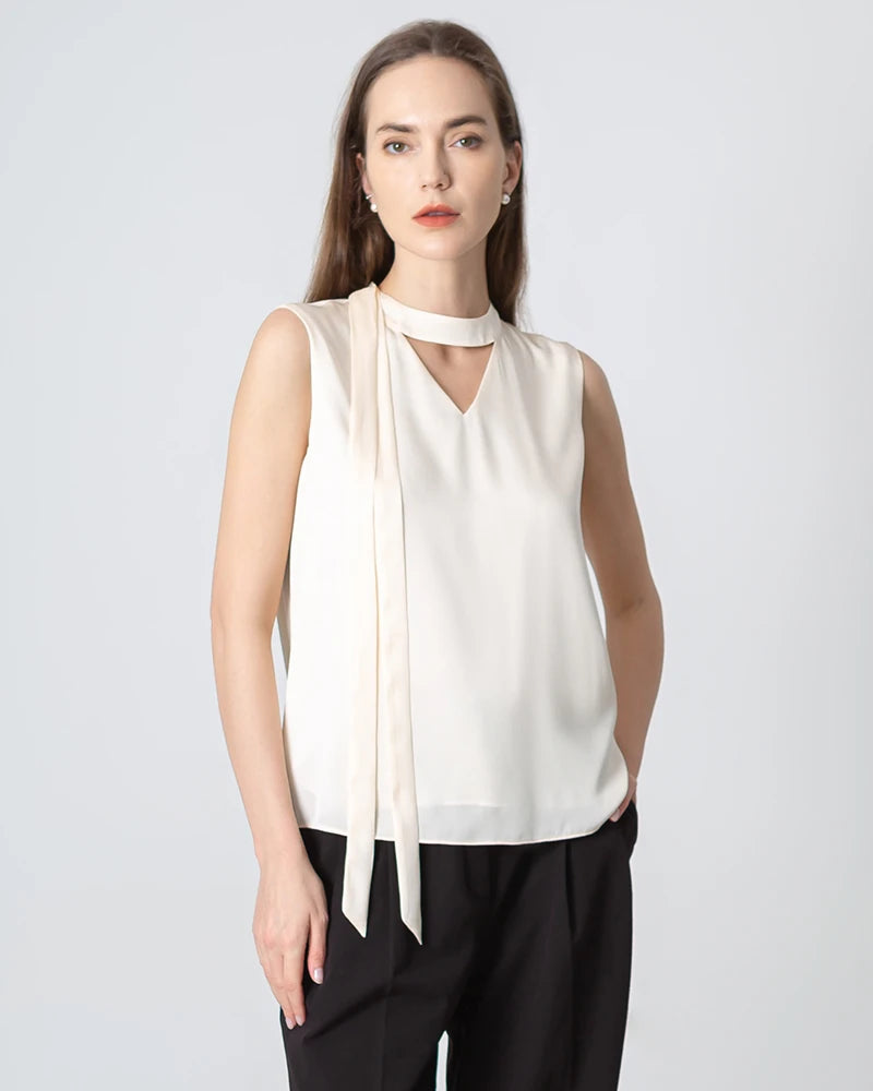 Elegant V-Neck Tie Front Sleeveless Silk Blouse for Women - Perfect for Office Wear, Date Night & Special Occasions