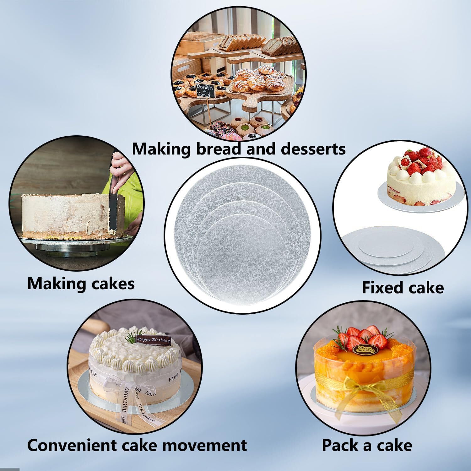GOIIO 4-Piece Round Cake Boards Set - 6, 8, 10, 12 Inch Golden Cardboard Cake Circles for Baking, Decorating & Serving - Perfect for Birthday Cakes, Wedding Cakes & Dessert Displays