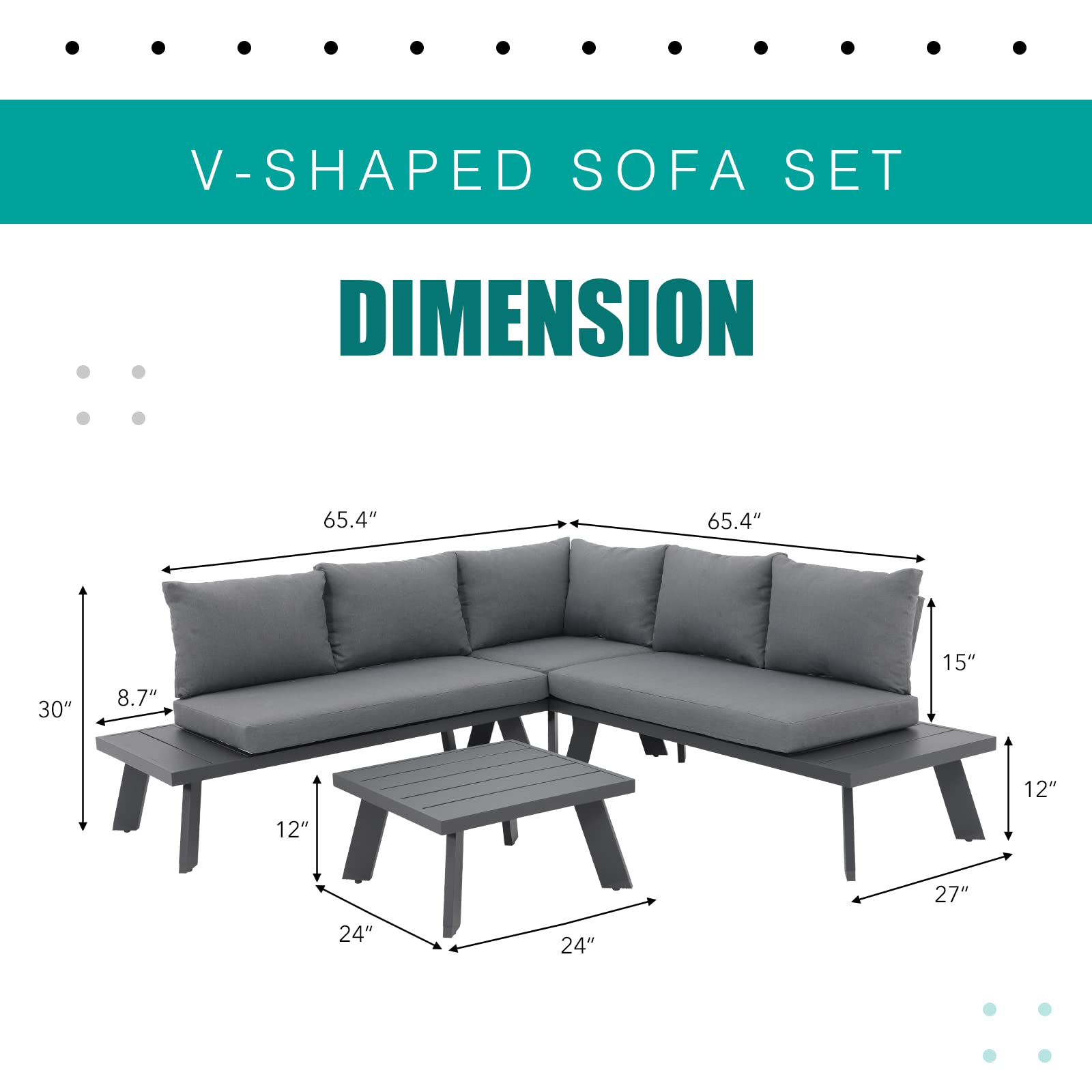 Soleil Jardin 4-Piece Outdoor Patio Furniture Set - L-Shaped Aluminum Sectional Sofa with Coffee Table, All-Weather Wicker Conversation Set with Cushions (Dark Grey) for Backyard, Garden, Poolside & Patio Relaxation